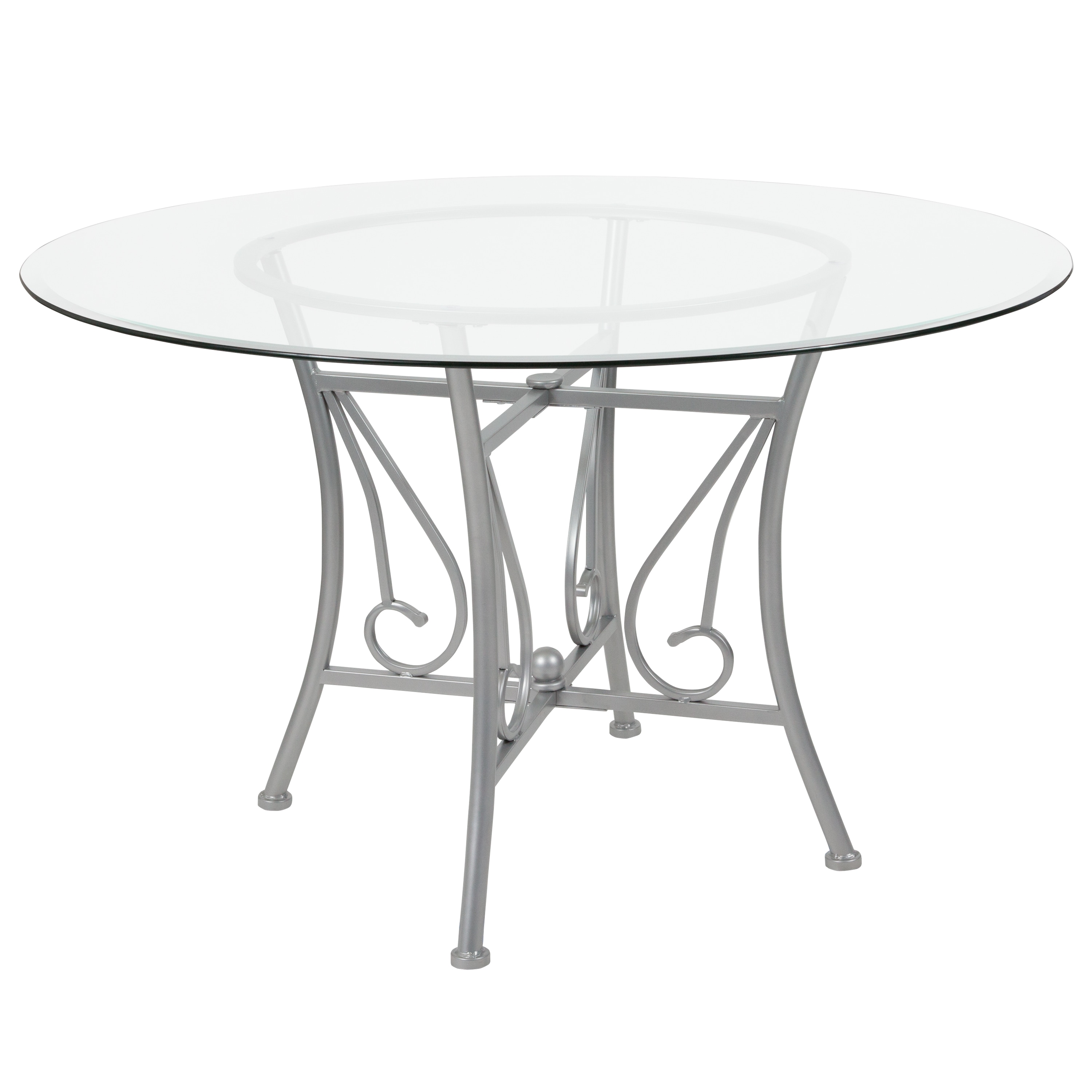 Flash Furniture 889142257899 Princeton Top/Silver Frame Round Contemporary/Modern Dining Table, Glass Top with Gray Metal Pedestal Base 48-in L x 29-in H