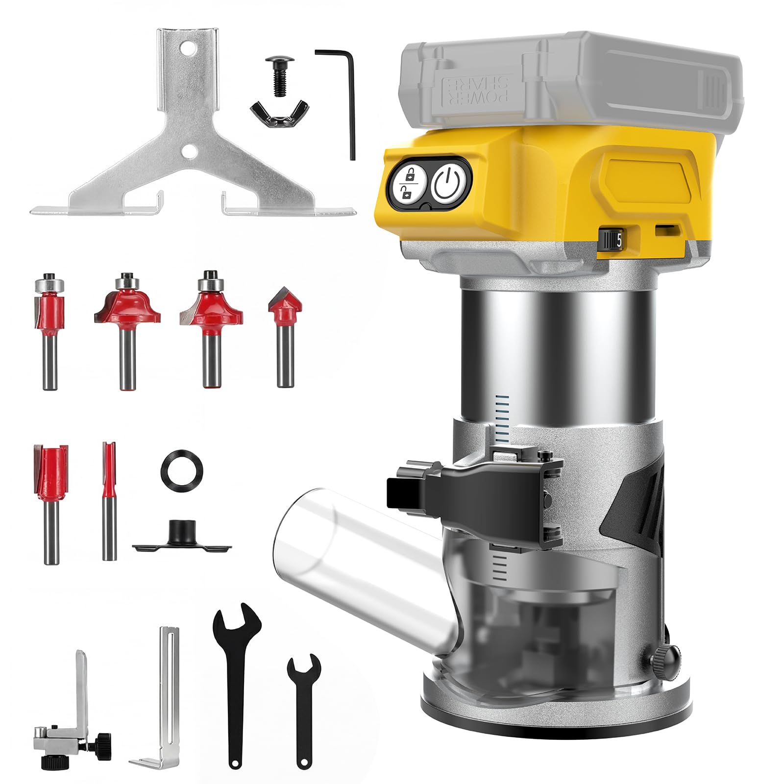 Adrinfly Brushless Router Compatible with Dewalt 20V power cell Wood Router with 5 Speed 28000 RPM Fixed Base and 6 Pieces 1/4 in Router Bits for #LAD0820D498