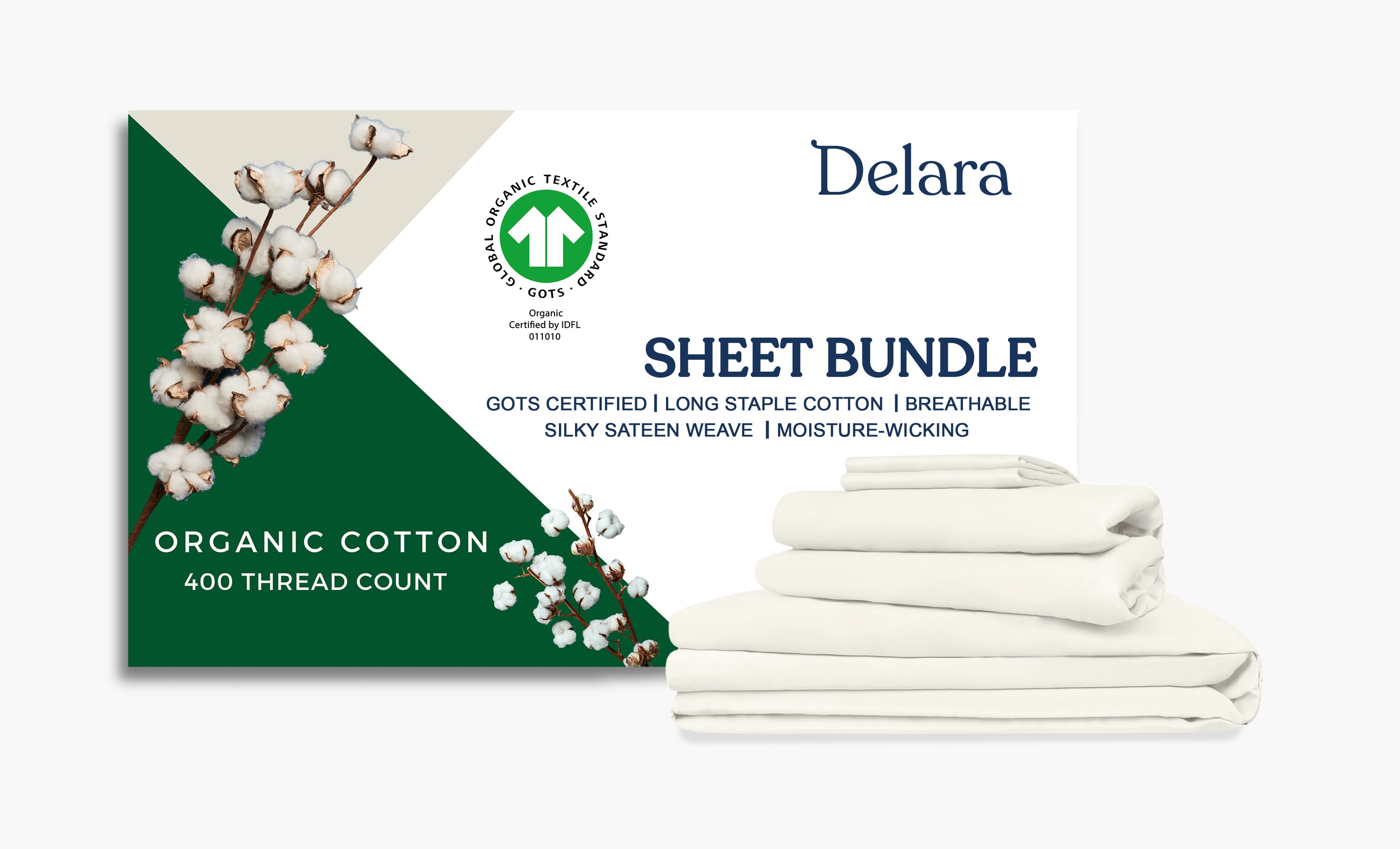 Delara  GOTS Certified Organic Cotton Sheet Bundle 400TC Long Staple Cotton Ultra Soft Silky Moisture-Wicking and Breathable Twin 5 Pieces Set