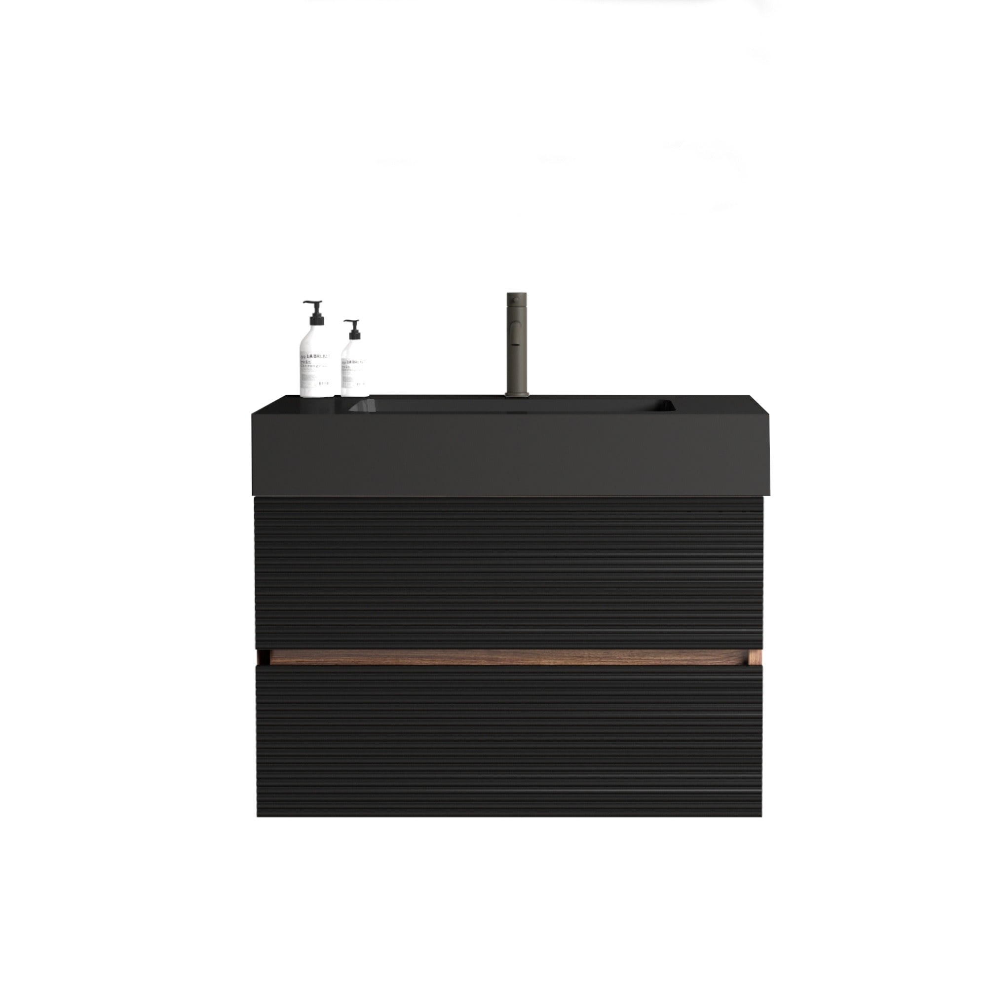 LIVACA 30 inch Matt Black Engineered Solid Surface Bathroom Vanity with Soft Black Drawers and Wall Mounted Floating Design