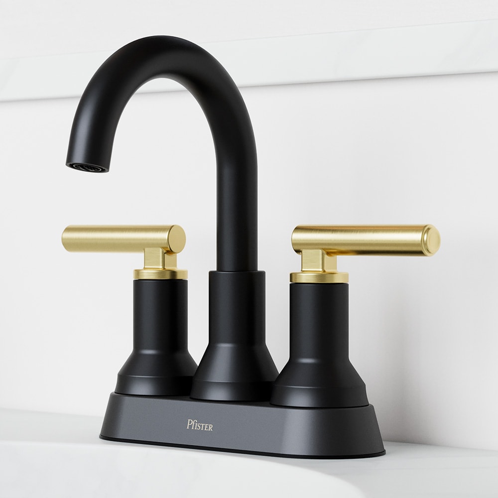Pfister LF048CSOBBG Capistrano Matte Black and Brushed Gold 4-in centerset 2-handle WaterSense Mid-arc Residential Handle Bathroom Sink Faucet with Drain