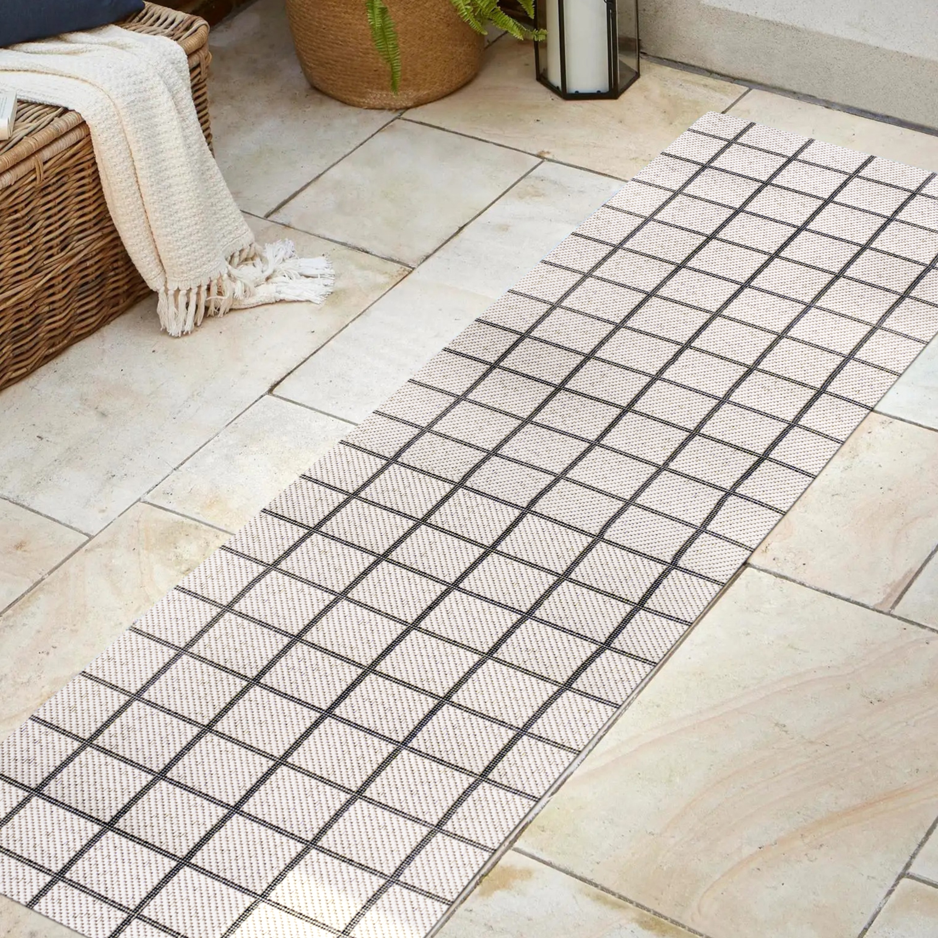 Mid-Century Modern Geometric Black and Cream 2' x 8' Outdoor Rug