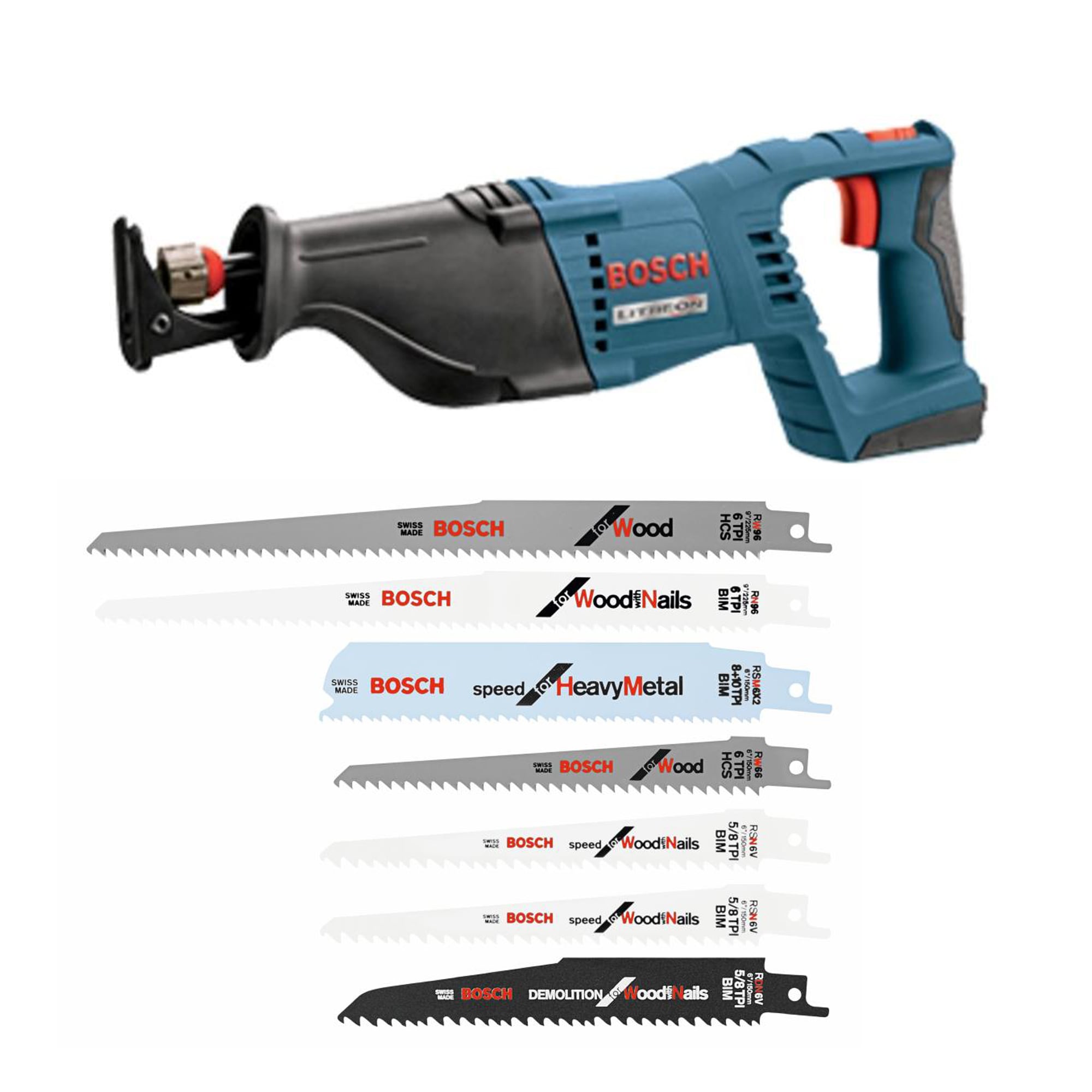Bosch 18V VS Reciprocating Saw + 7-Pack Bi-Metal Set Wood/Metal Cutting Reciprocating Saw Blade Set