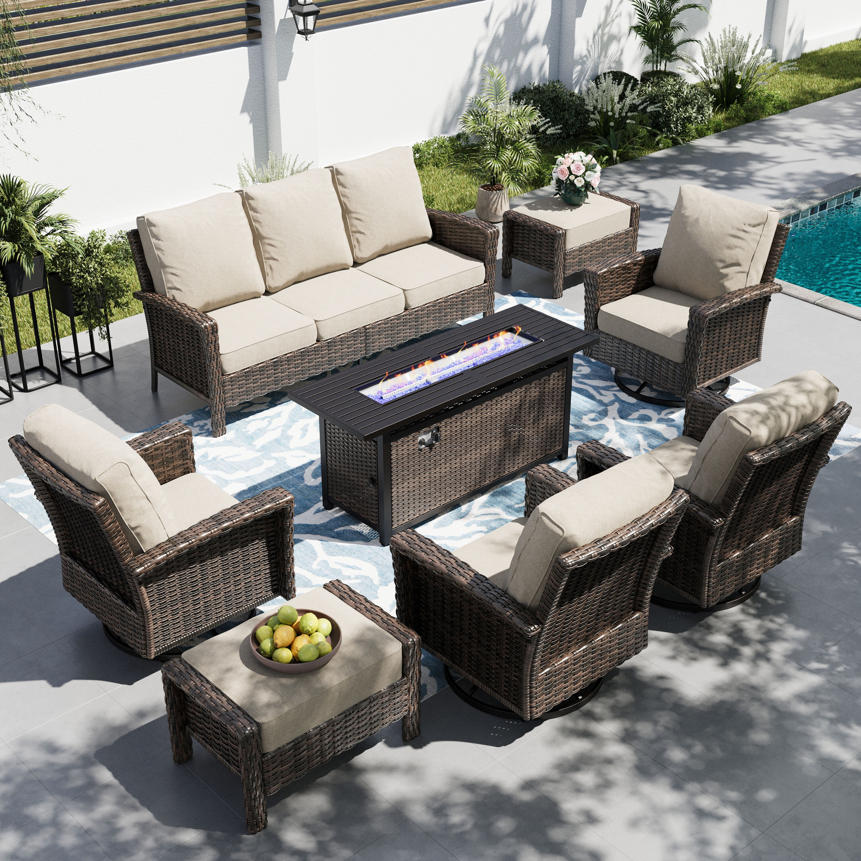 Sunshine Valley 8 -Piece Wicker Patio Sofa Conversation Set with Tan CUSHION PRO Cushions