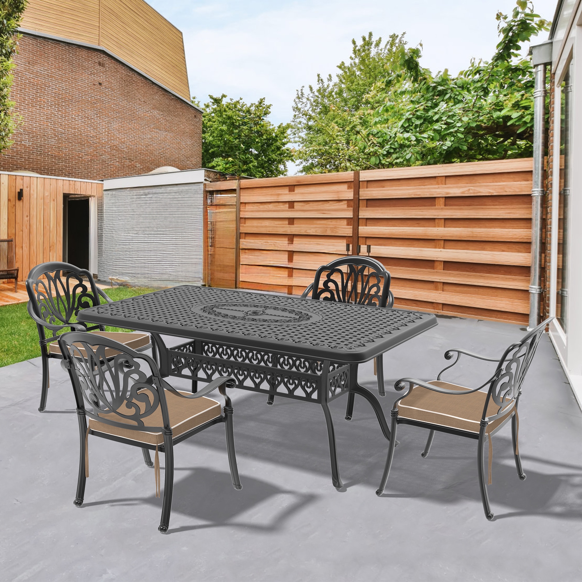 nicesure SLBK6002CZ4A1029RC 5 -Piece Black Patio Dining Set Aluminum Rectangle Table with 4 Cushions Stackable Stationary Chairs
