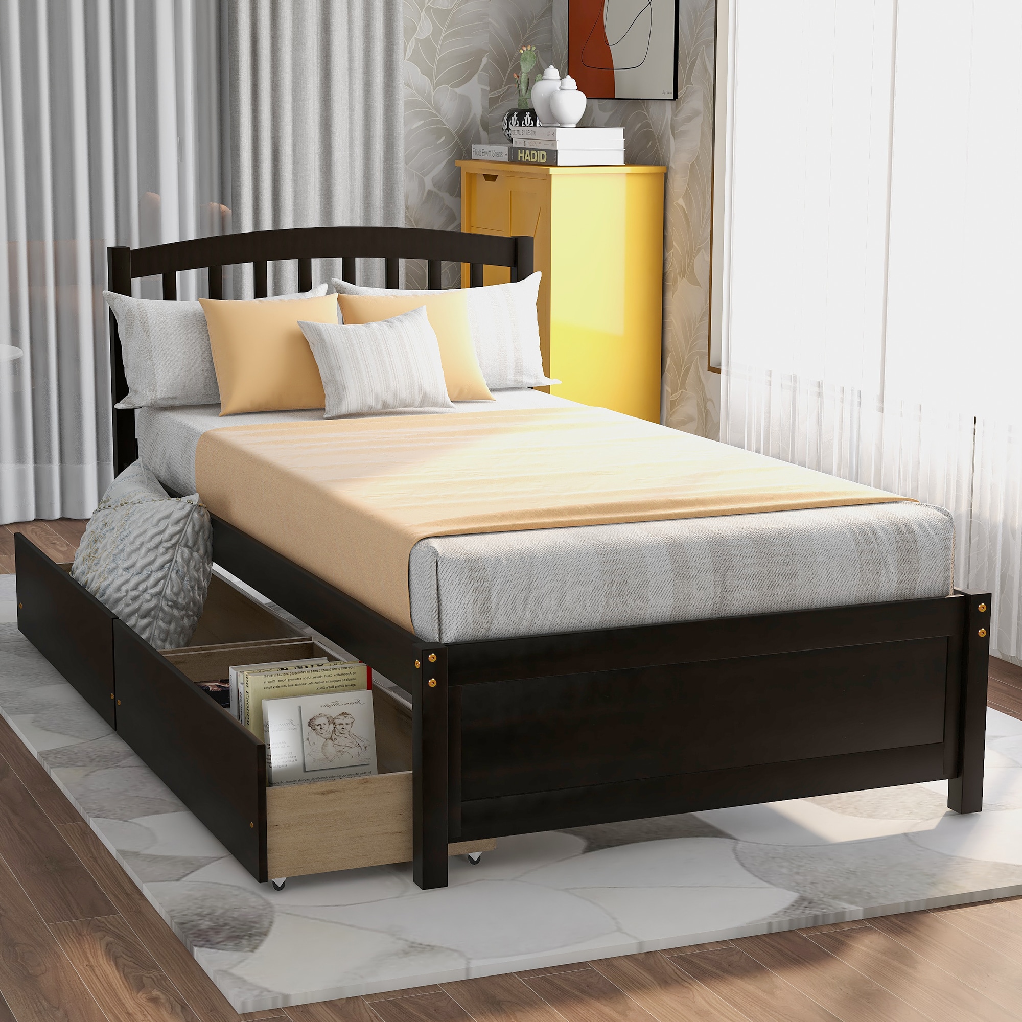 ModernLuxe WF194279AAP Twin Platform Storage Bed Wood Bed Frame with Two Drawers and Headboard EspressoPrevious