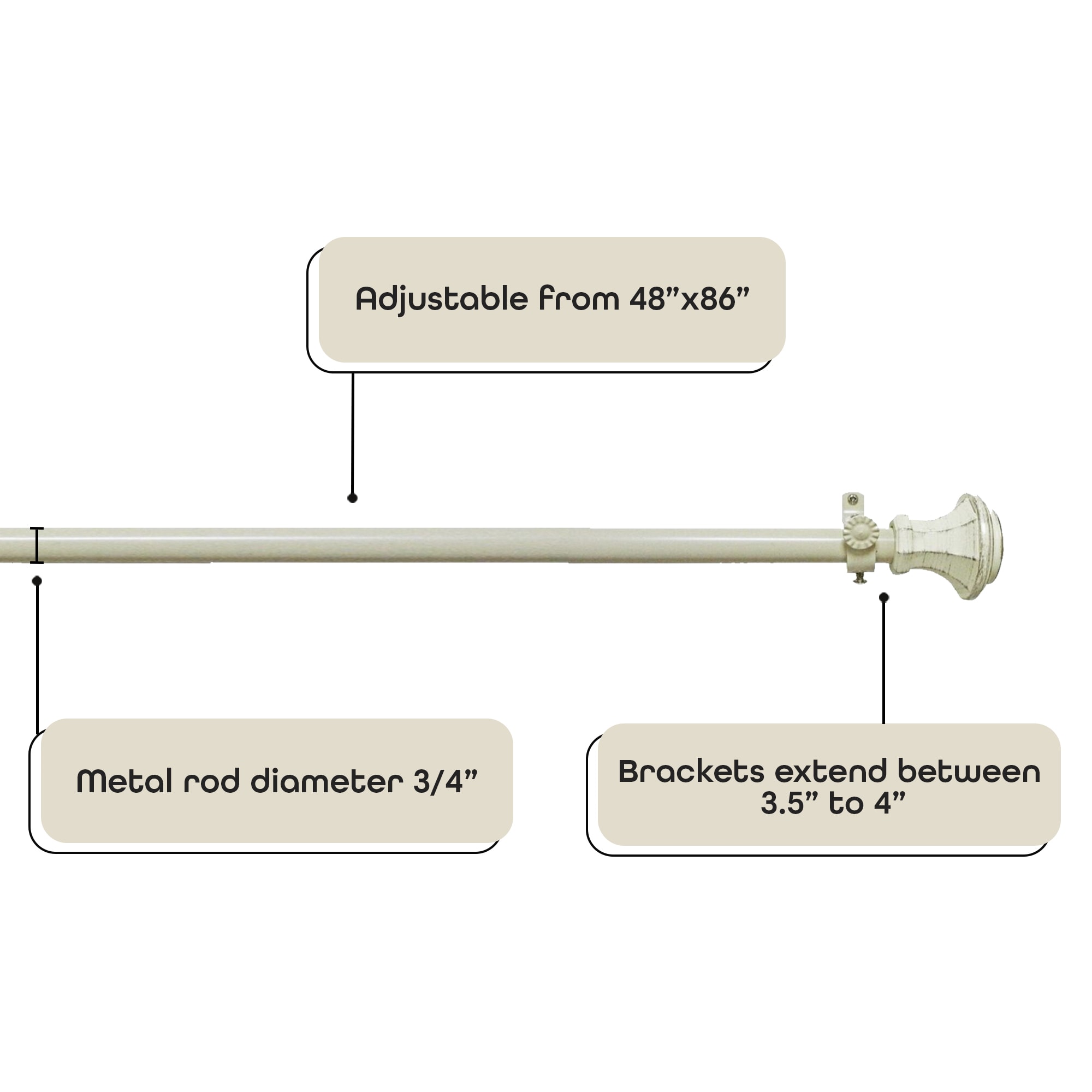 Adjustable Antique Cream Metal Curtain Rod with Gold Finials