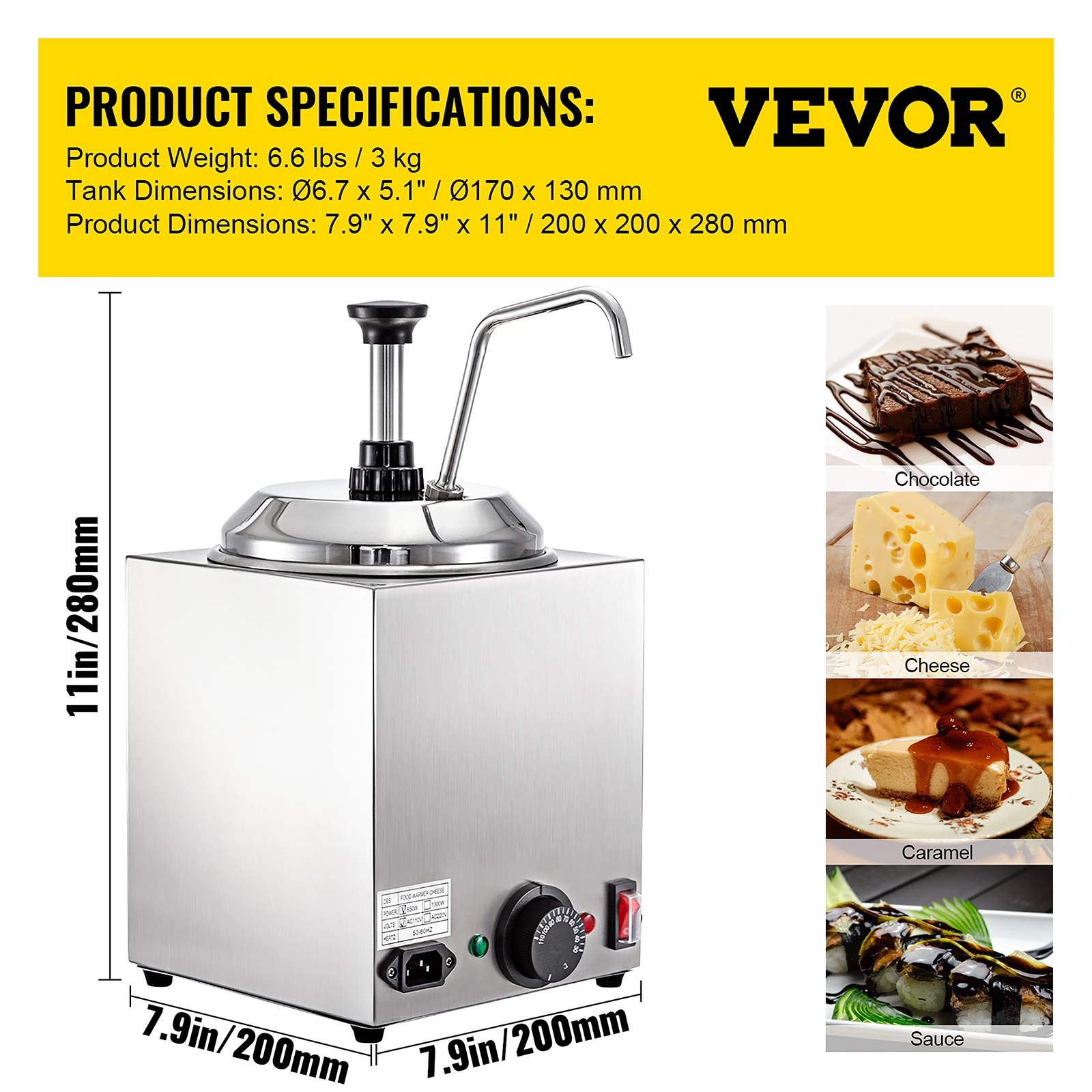 VEVOR Cheese Dispenser with Pump 4.8 qt. Capacity Hot Cheese Warmer 1300W Hot Fudge Warmer Double Head Fudge Warmer