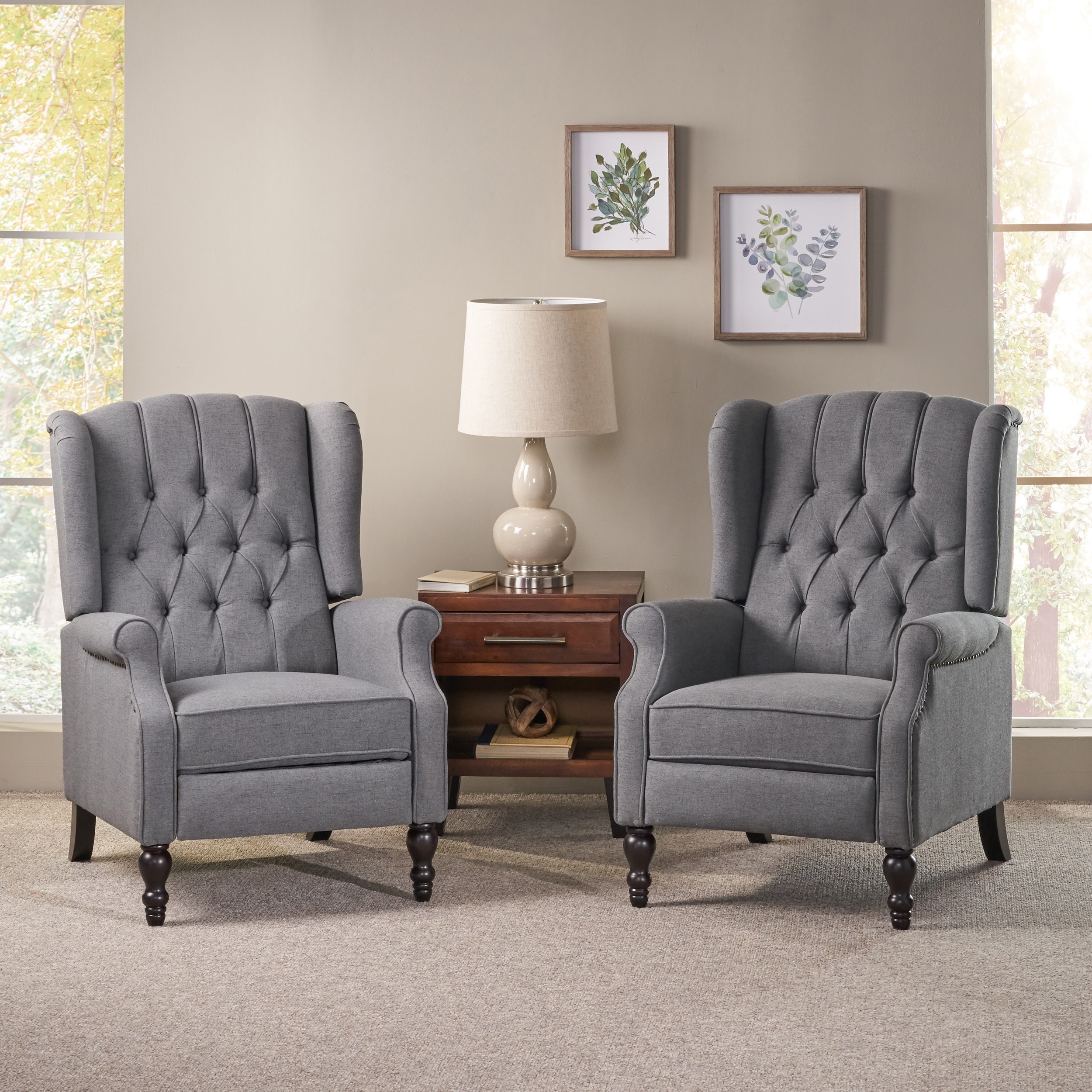 Elizabeth Charcoal Tufted Wingback Wood Recliner with Nailhead Accents