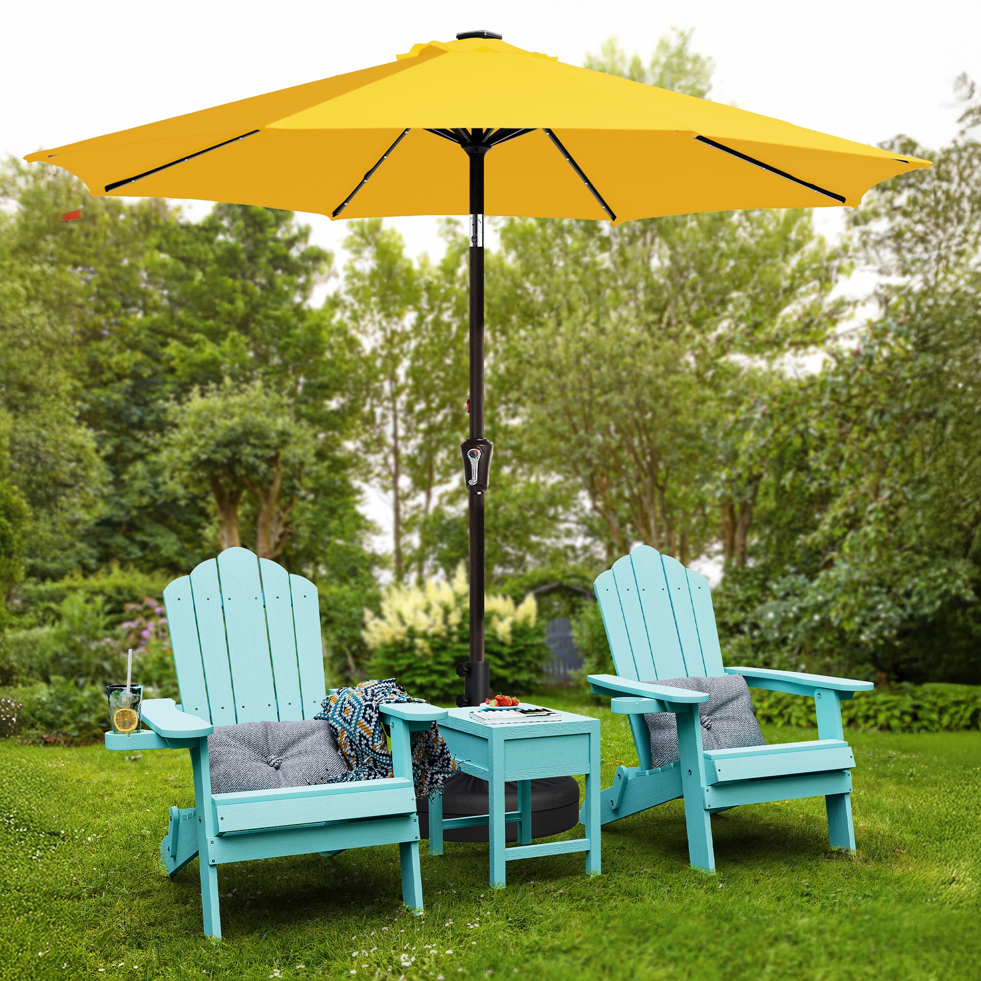 JEAREY JE-QTZZ+DEZ-10FT-YE 9-ft Steel Yellow Crank Market Patio Umbrella with Lights