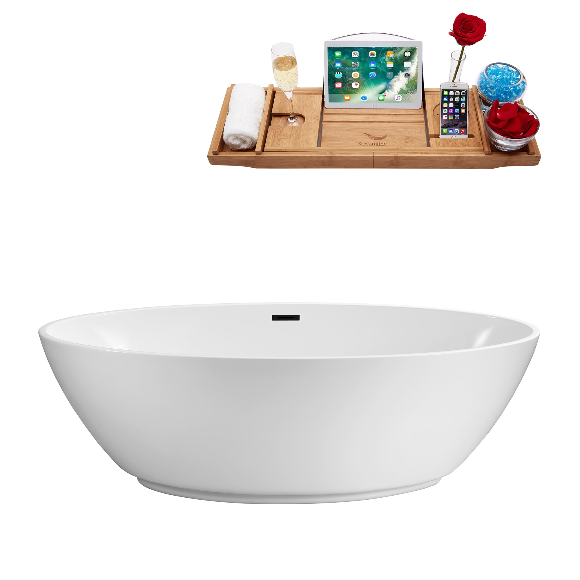 Streamline N420BL 31.9-in x 62.6-in Glossy White Acrylic Oval Freestanding Soaking bathtub with Drain ( Center Drain )