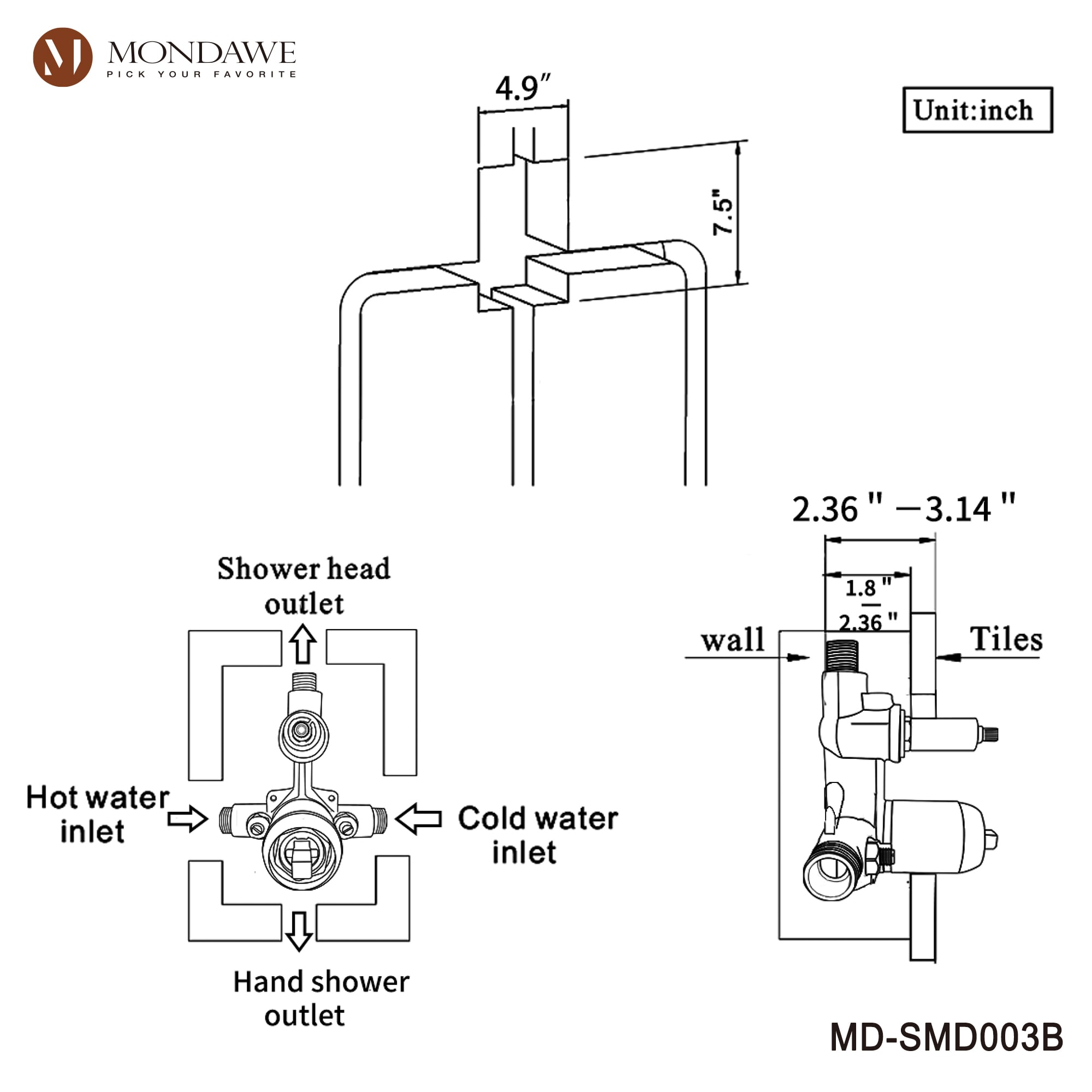 Mondawe MD-SMD003B Showerhead-Bar-Panels - View #7