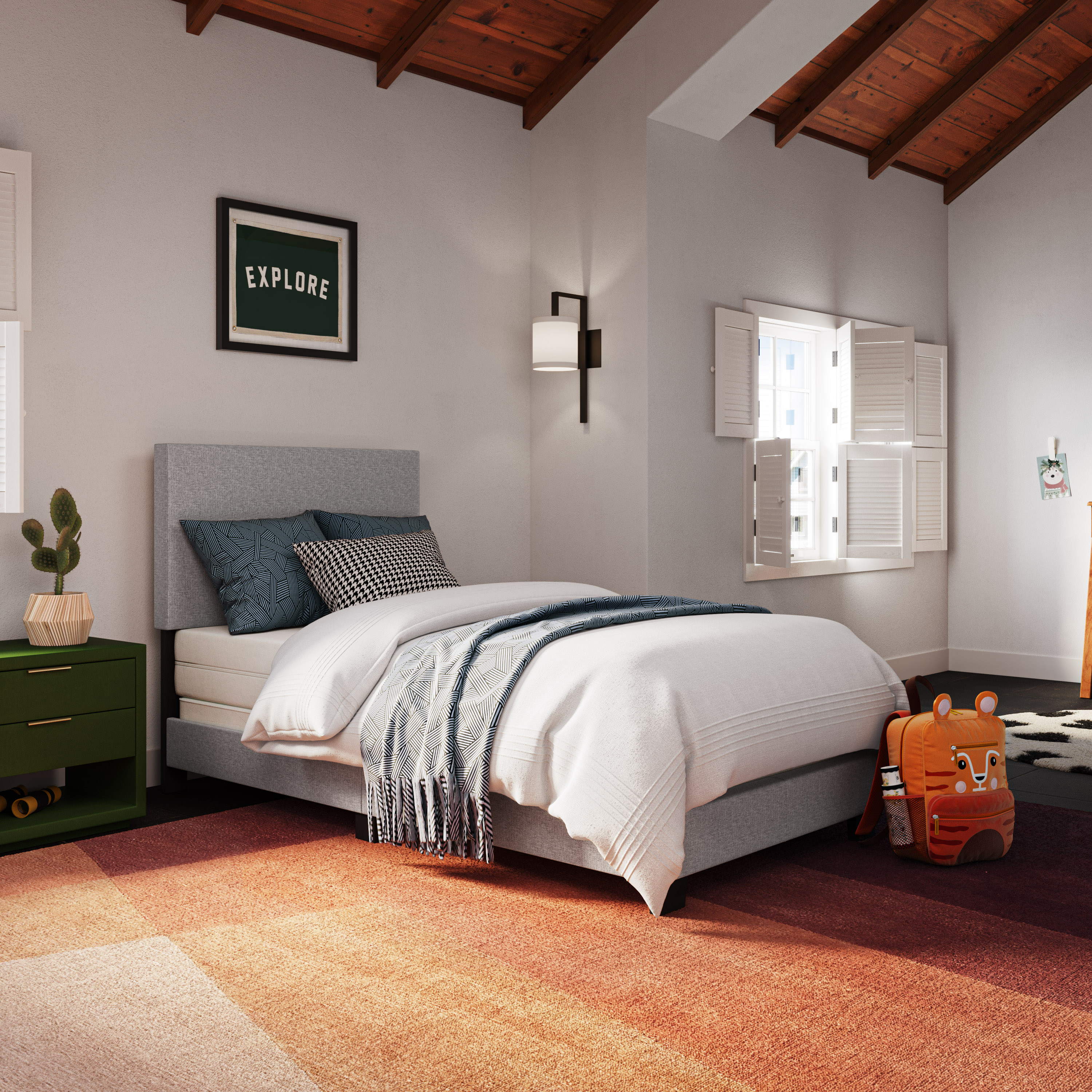 Celeste Gray Upholstered Twin Bed with Headboard and Drawer