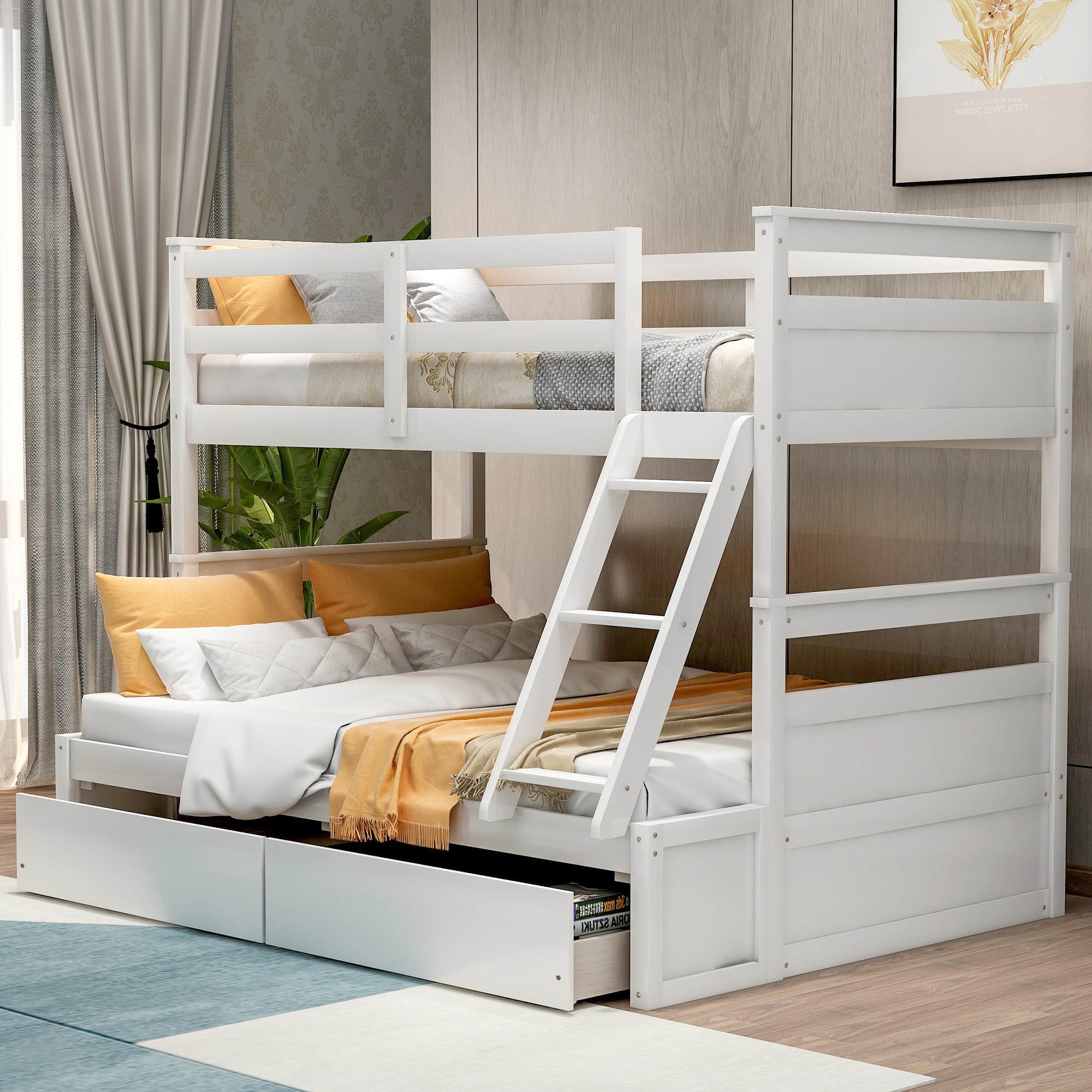 ModernLuxe LT000022AAK Twin over Full Bunk Bed with Storage  White