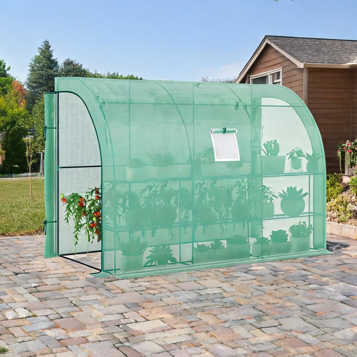 FlowLuxe Green 299.7 x 149.9 x 212.7 in Greenhouse with Storage Shelving for Outdoor Space