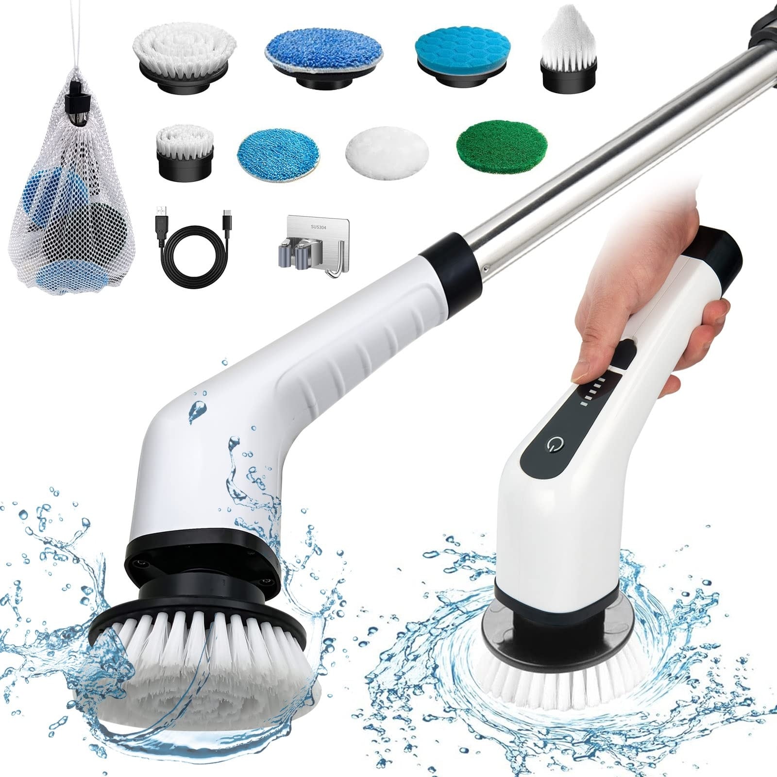 Anqtovp  Electric Spin Scrubber Cordless Power Scrubber with 8 Brush Heads Adjustable Handle for Bathroom Shower Tile Floor Cleaning 1 Set White