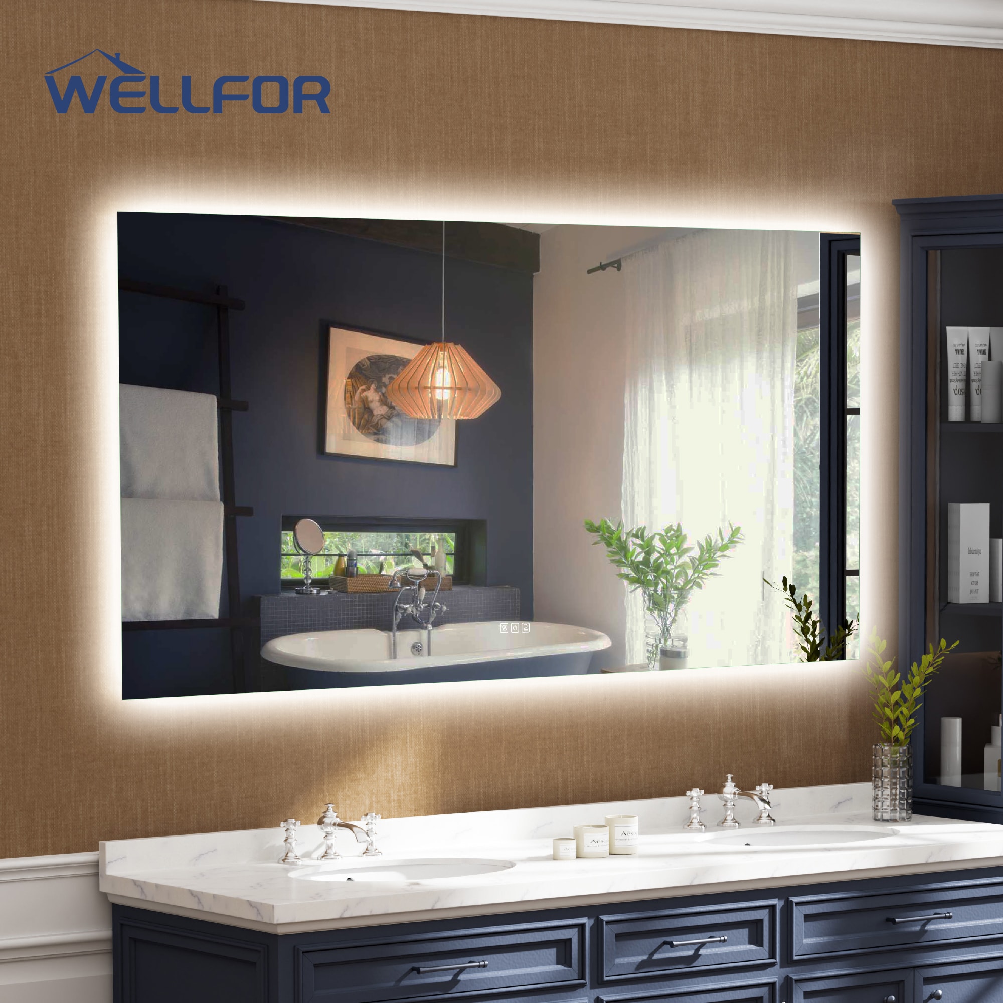 WELLFOR W15MRL7236 Kiran 72-Inches x 36-Inches Polished Frameless Rectangle Dimmable Lighted Fog Free Bathroom Vanity Mirror ( Silver )