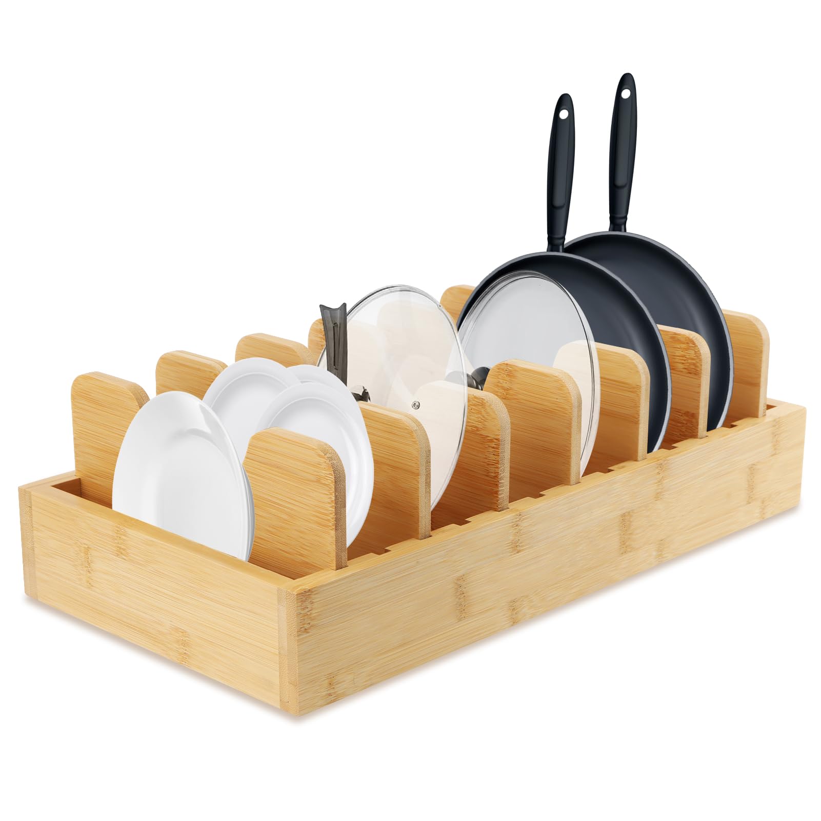 AOIZGMY  Bamboo Pot Lid Organizer Adjustable Kitchen Storage Rack for Pots Pans Cutting Boards Baking Sheets with Removable Dividers