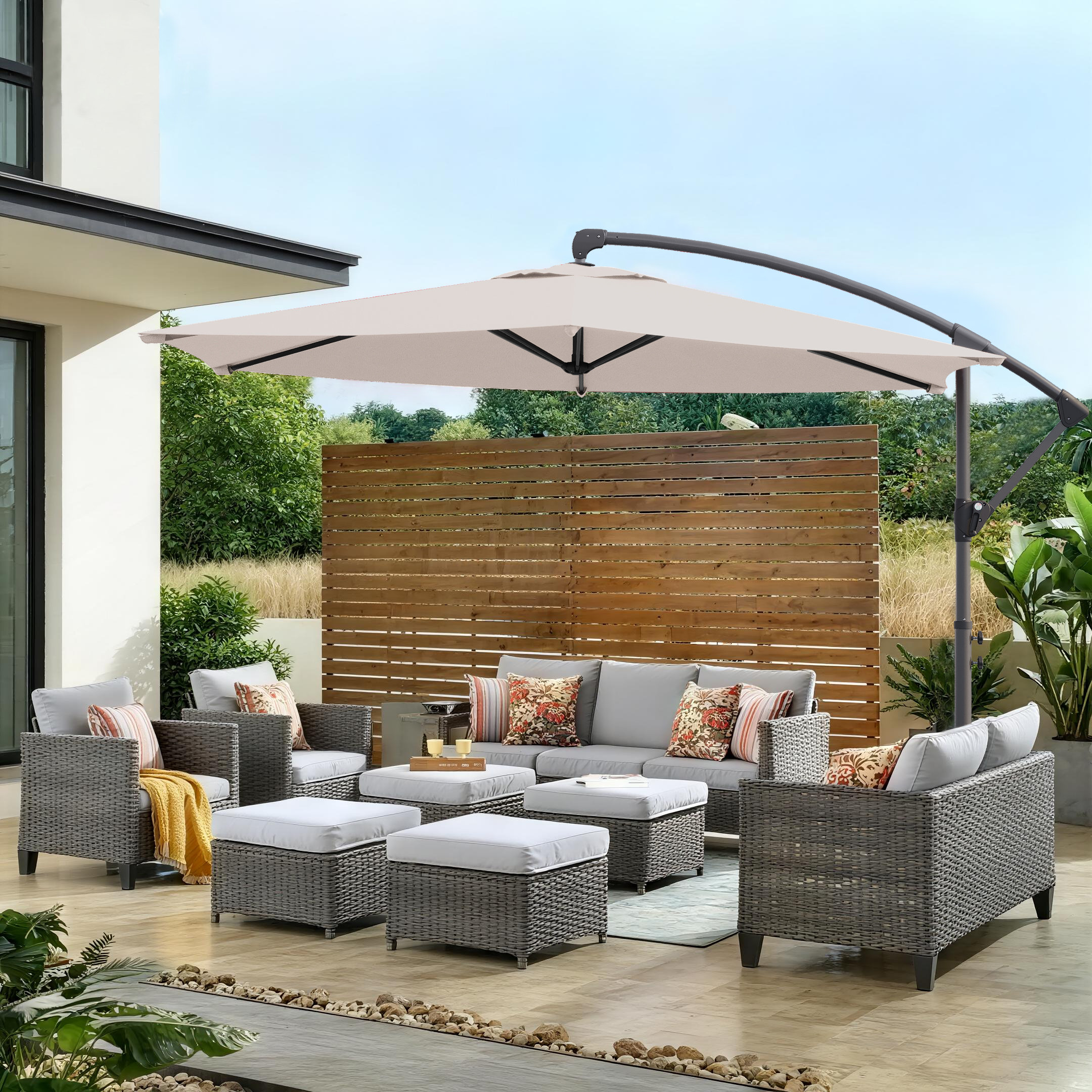 Sonkuki 10-ft Steel Off-white No-tilt Cantilever Patio Umbrella