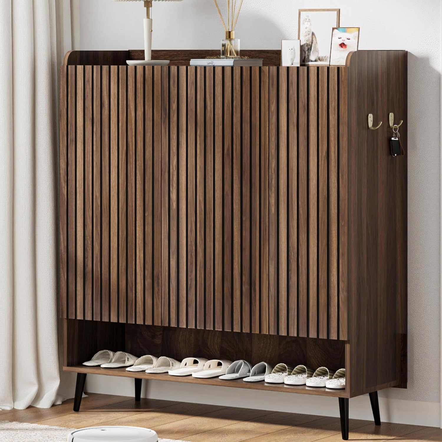 Garvee Large Shoe Cabinet with Doors 6-Tier Shoe Organizer with 3 Doors and Additional Hooks for Hallway Entryway Living Room Brown