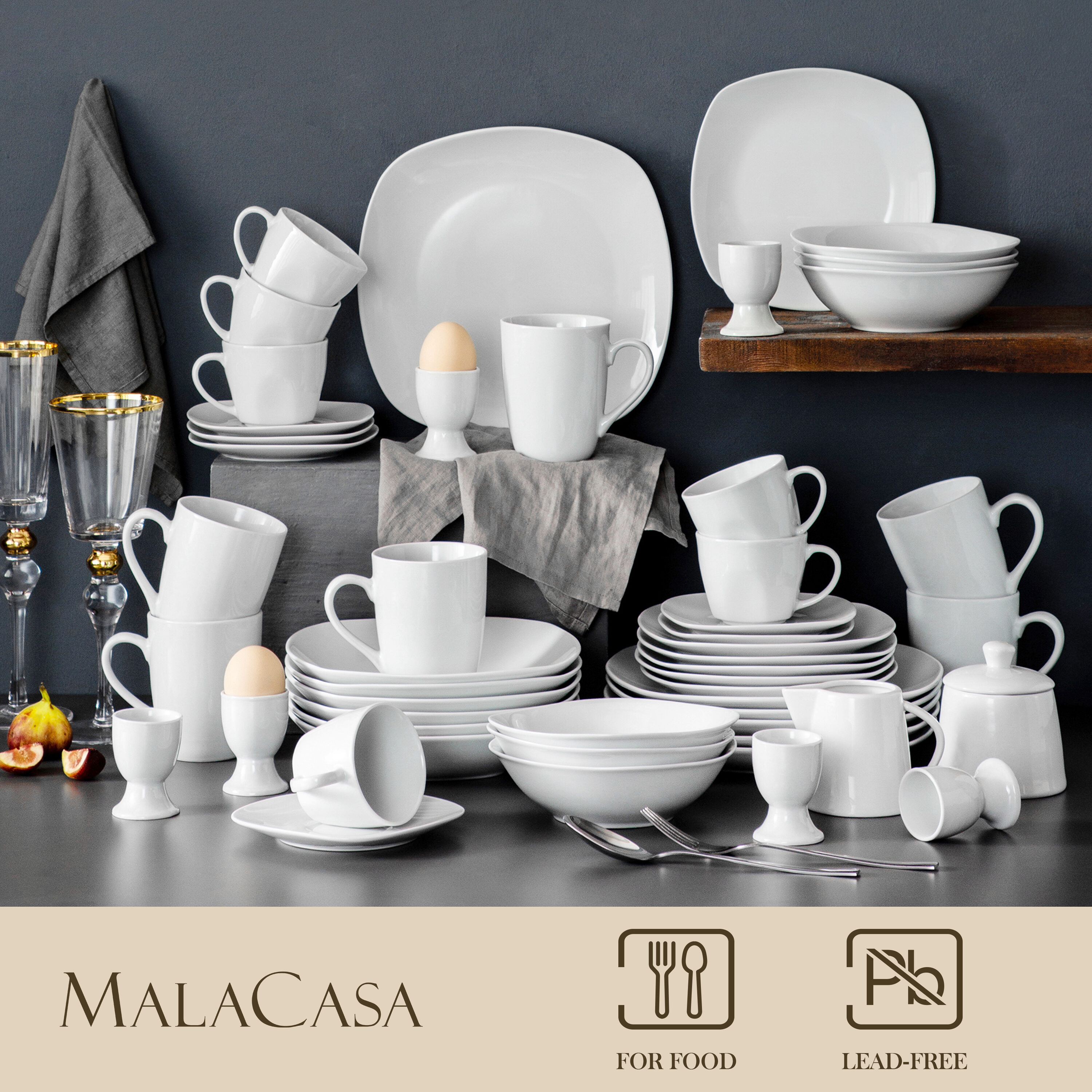 MALACASA, Series Elisa, 24-Piece Porcelain Dinnerware Set, Ivory