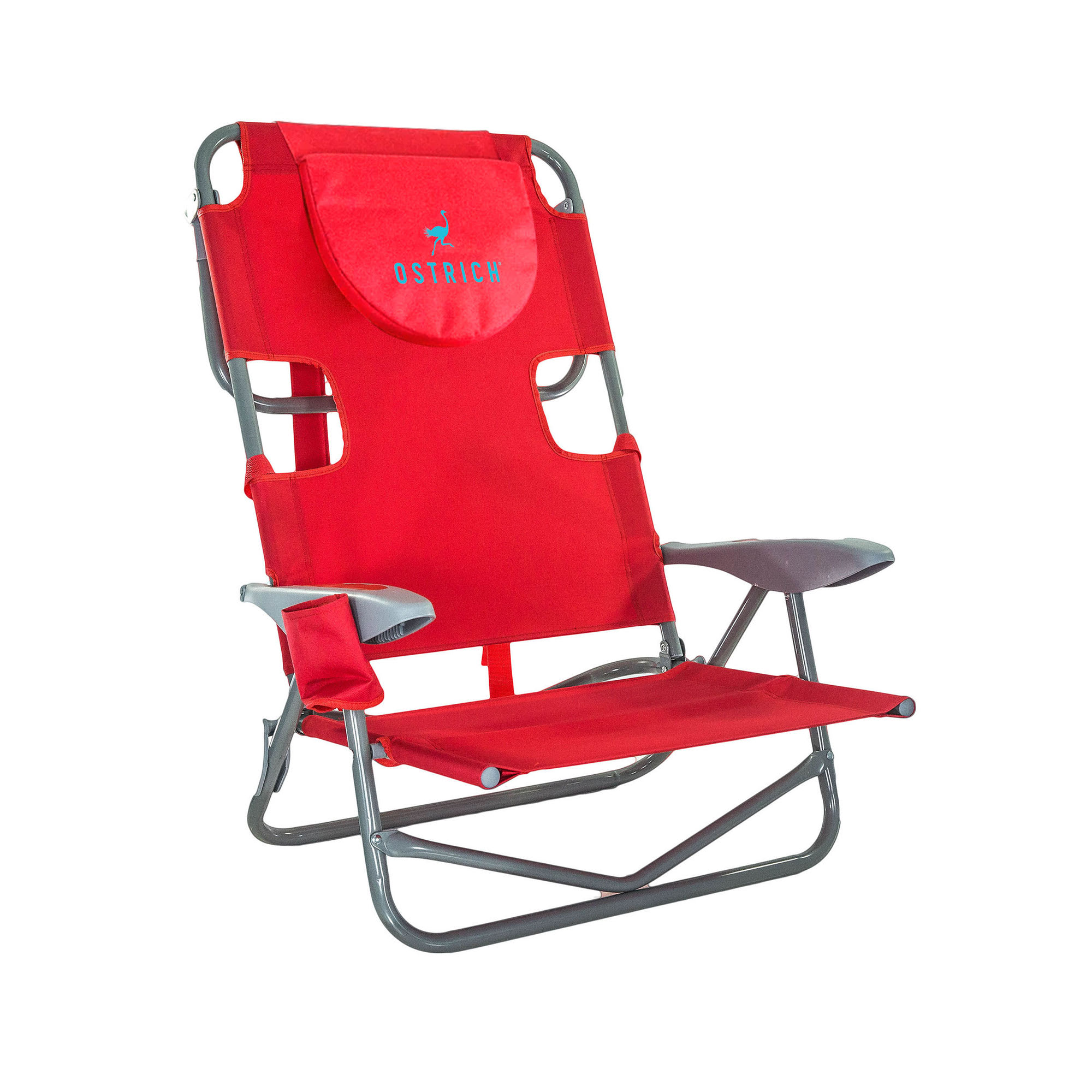 Ostrich 212988 On Your Back Backpack Beach Chair with Face Hole  Adjustable Portable Lounge Chair with Cup Holder Face Opening Heavy Duty Lay Flat Tanning Chair for Face Down Reading For Adults Red