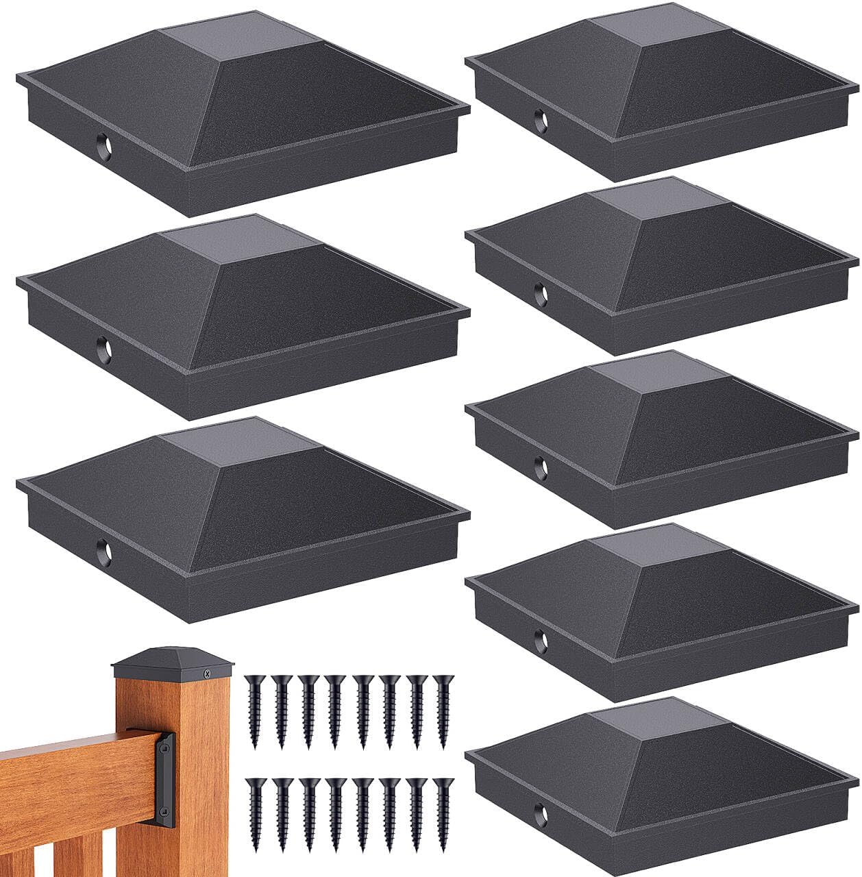 Etokfoks Aluminum Black Waterproof Fade Resistant 4x4 Post Caps with Metal Screws for Wood Deck Fence and Railing Posts 8 Pack #LETU8C0R6