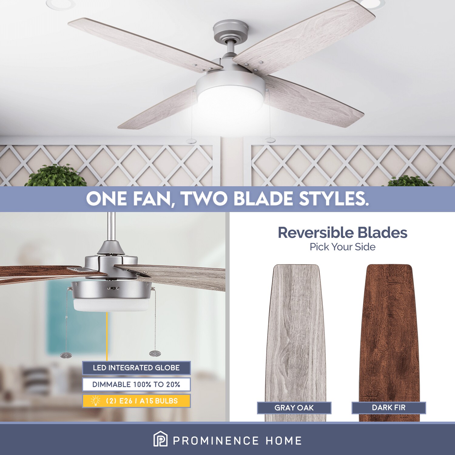 Memphis 52" Pewter Ceiling Fan with Gray Oak Blades and LED Light