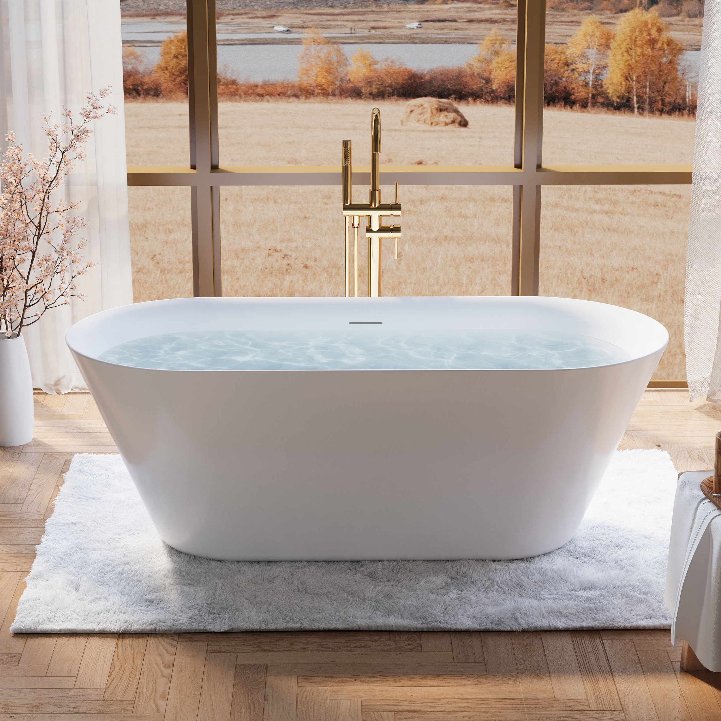 WELLFOR BCB1932GMG -WF BM Freestanding Soaking Bathtub 66-in x 29.5-in White Acrylic Oval Freestanding Soaking bathtub with Drain ( Center Drain )