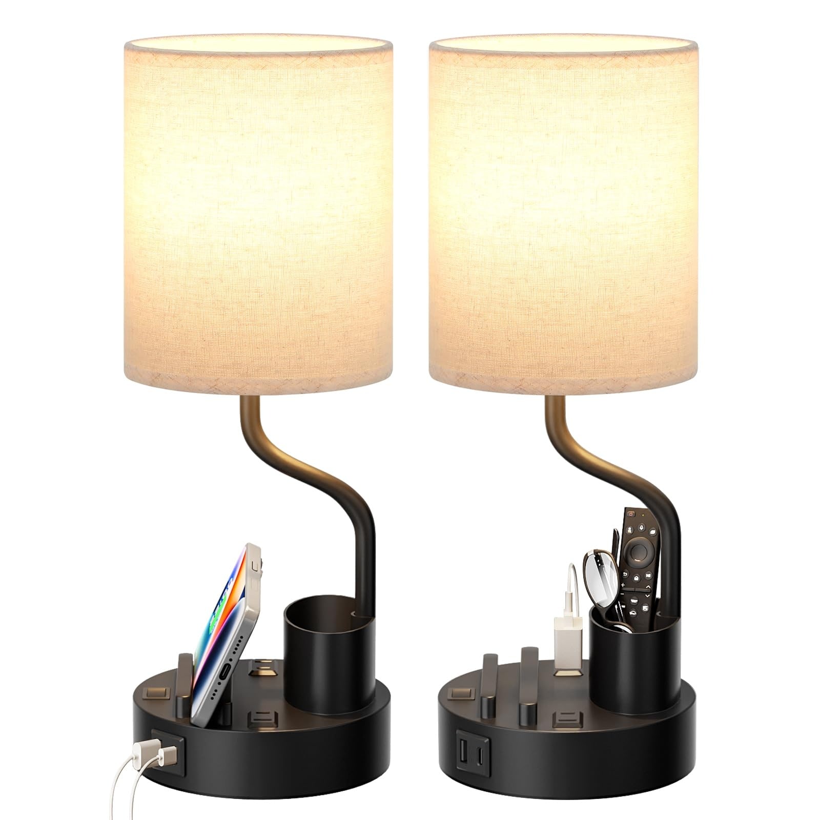 Lukvuzo  Set of 2 Bedside Table Lamps with 2 AC Outlets USB A and C Ports 3 Color Temperatures Pen Holder Phone Stand for Bedroom Office Dorm