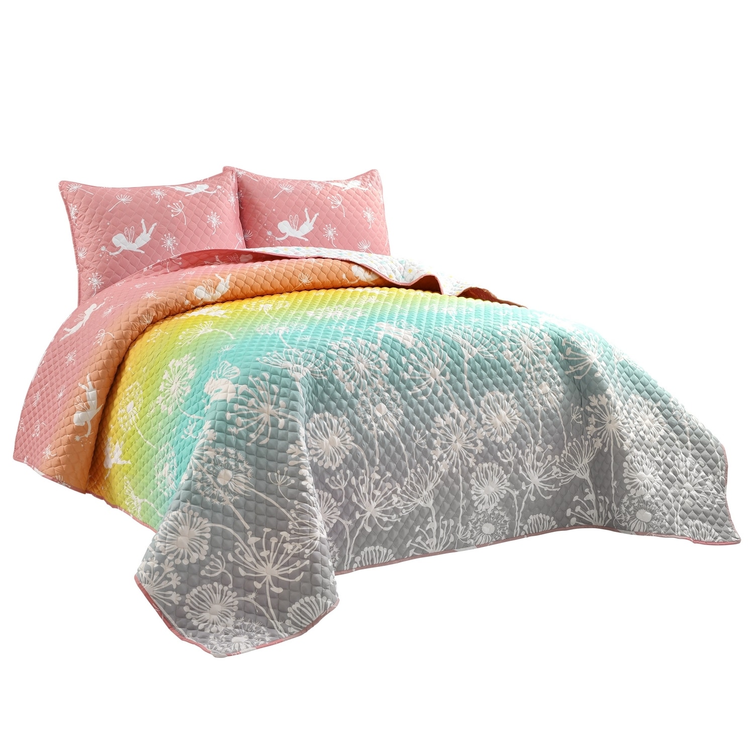 Full Reversible White Microfiber Quilt Set for Girls