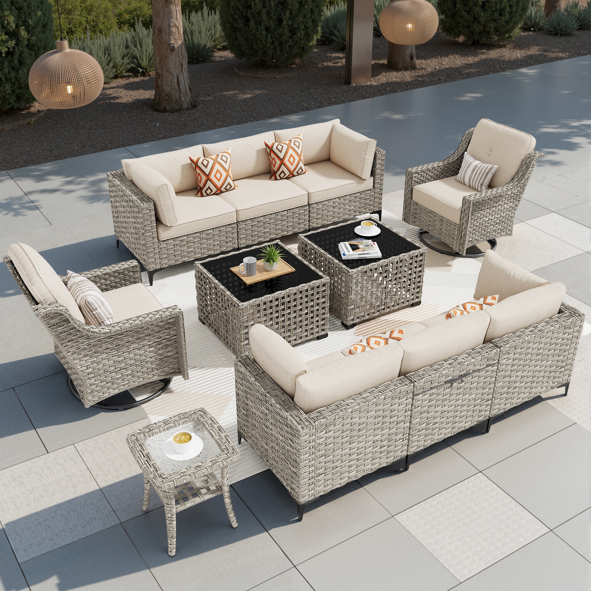 weaxty DSCRRSPAD6011 Lotus 11 -Piece Wicker Patio Conversation Set with Off-white Cushions