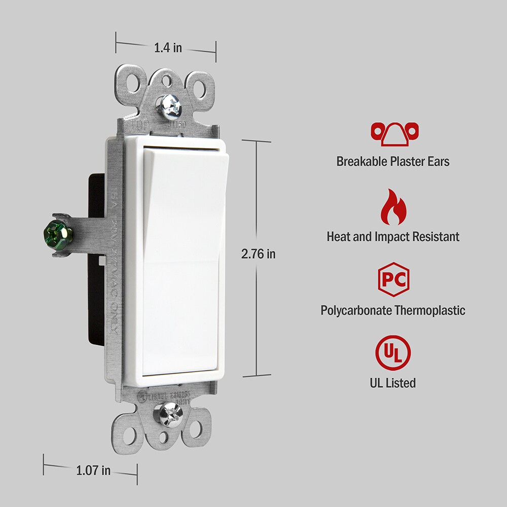 TOPGREENER 15-amp Single-pole Rocker Light Switch with Wall Plate, White 3 -Pack
