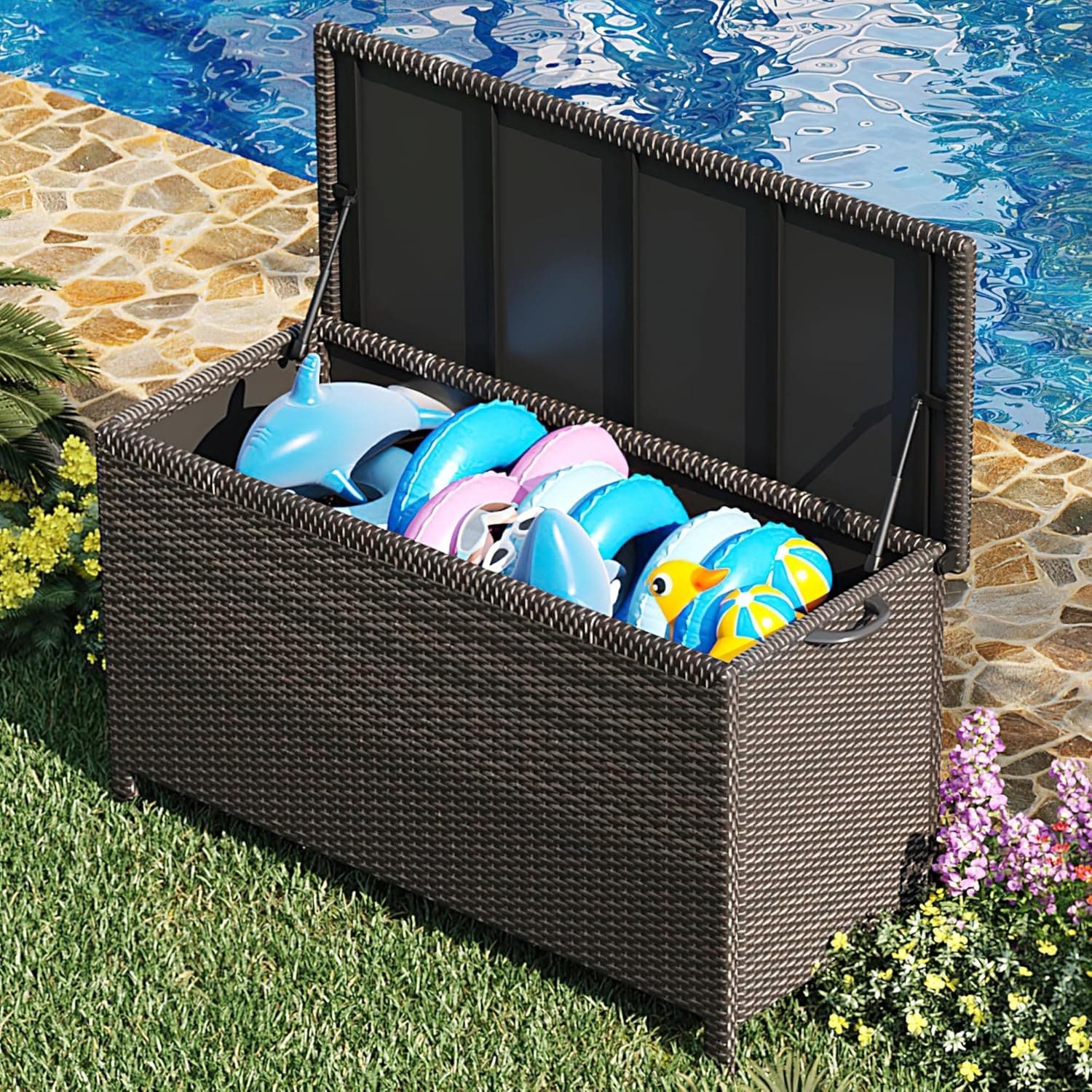 Qeetex LHF-DYQ-PHO-34BXAFL6 185 Gallon Large Outdoor Deck Box Outside Wicker Storage Bin with Lid  Handles and 2 Wheels  Patio Rattan Storage Box  Outdoor Patio Storage Bench for Cushions/ Pillows/Garden Tools and Pool Floats