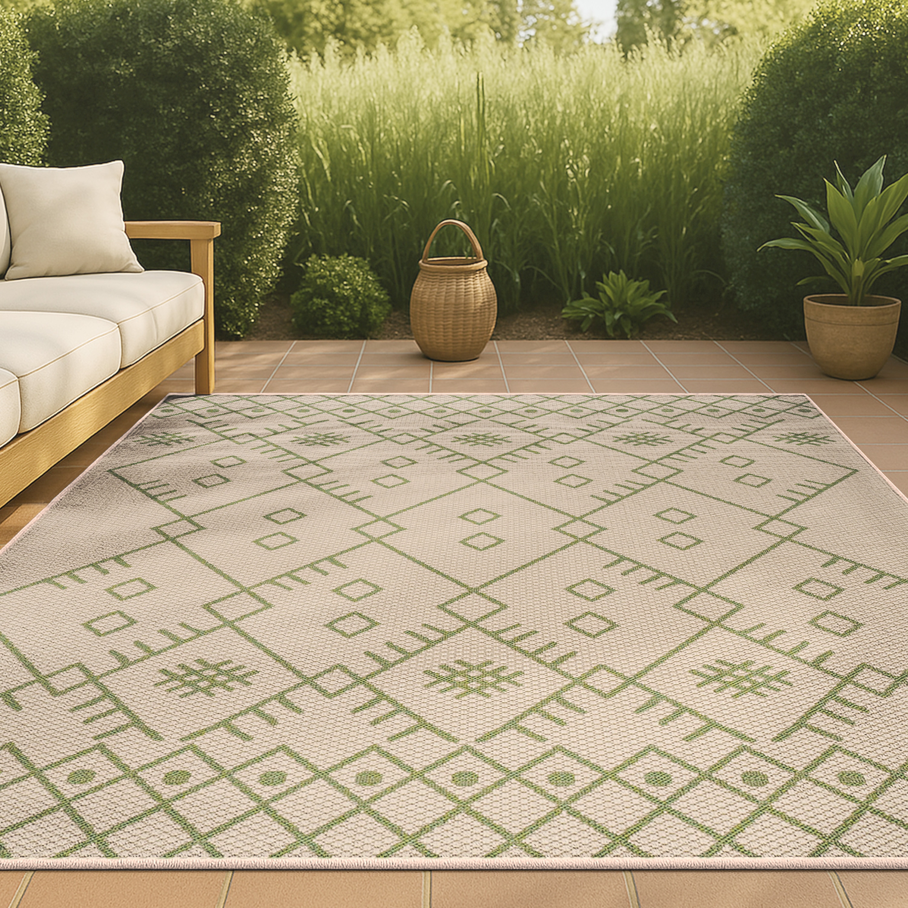 JONATHAN  Y SMB123A-4 Santa Monica Boho 4 x 6 (ft) Loomed Polypropylene Beige/Green Rectangular Indoor/Outdoor Geometric Coastal Area rug