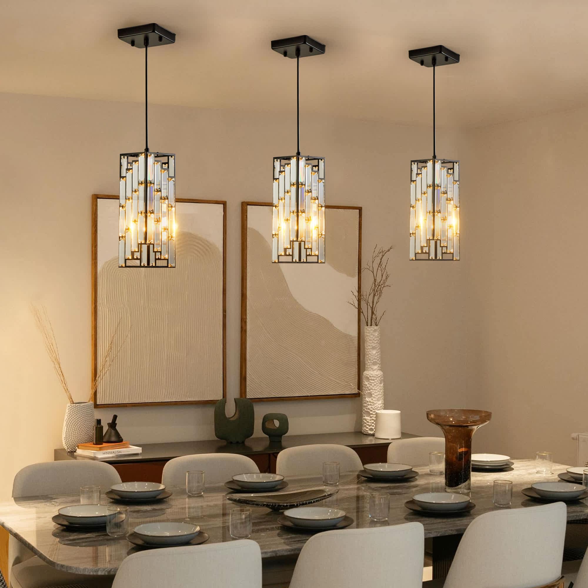 JCFL CD-HL-13 4 in. Black Crystal and Iron Modern Crystal Pendant Light - 3 Pack Adjustable Hanging Ceiling Lamp with Crystal Prism Design