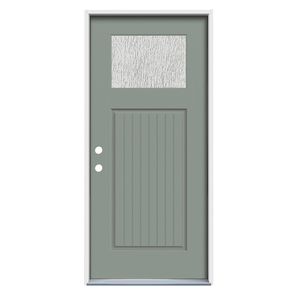 JELD-WEN LOWOLJW254900025 Rain 32-in x 80-in x 4-9/16-in Fiberglass 1/4 lite Right-hand inswing Organic Gray Painted Prehung Front Door Insulating core