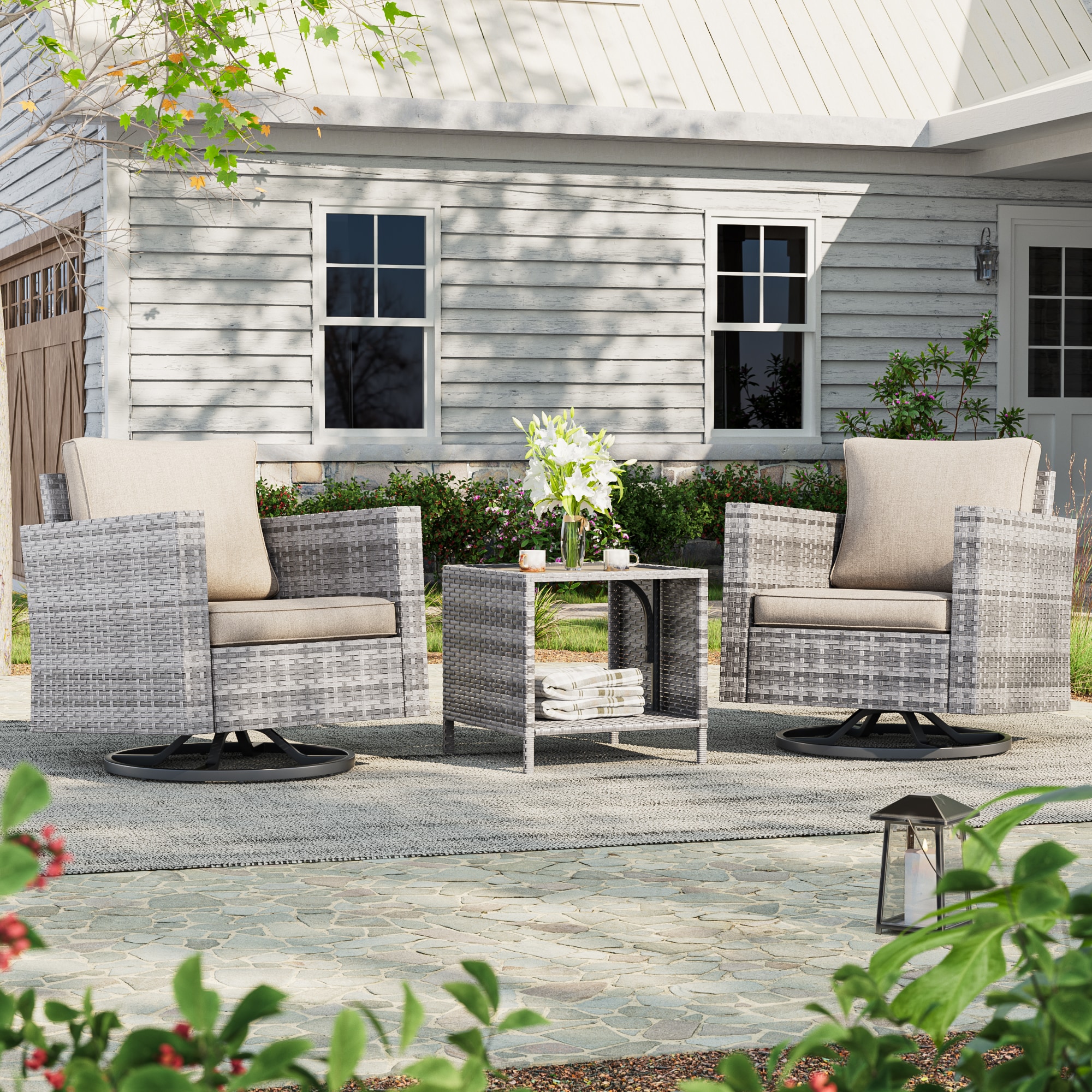 ACEGOSES LW-2R-HBG-T3 Patio Swivel rocker chairs 3 -Piece Wicker Patio Conversation Set with Tan Cushions