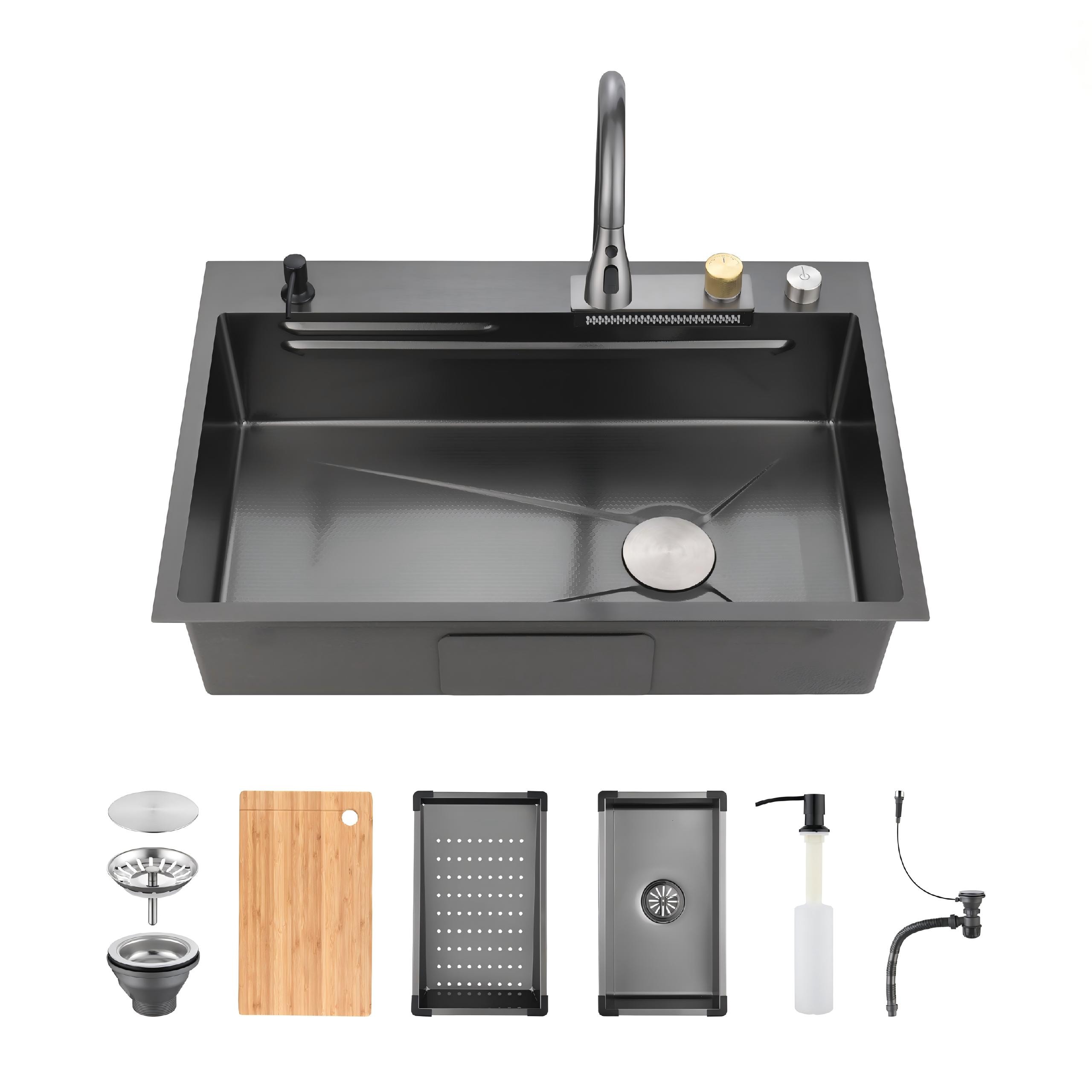 JUSHUA Black 33 x 22 inch Waterfall Stainless Steel Single Bowl Multifunctional Workstation Kitchen Sink with Flying Rain Faucet and Cutting Board