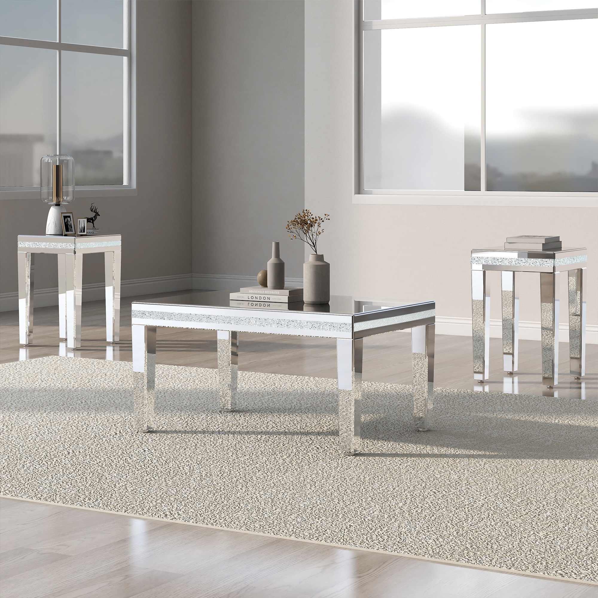 ModernLuxe SD000010AAN Fashionable Modern Glass Mirrored Coffee Table Set of 3 Easy Assembly Crystal Design Cocktail Table with 2 End Tables for Apartment Home Office Silver