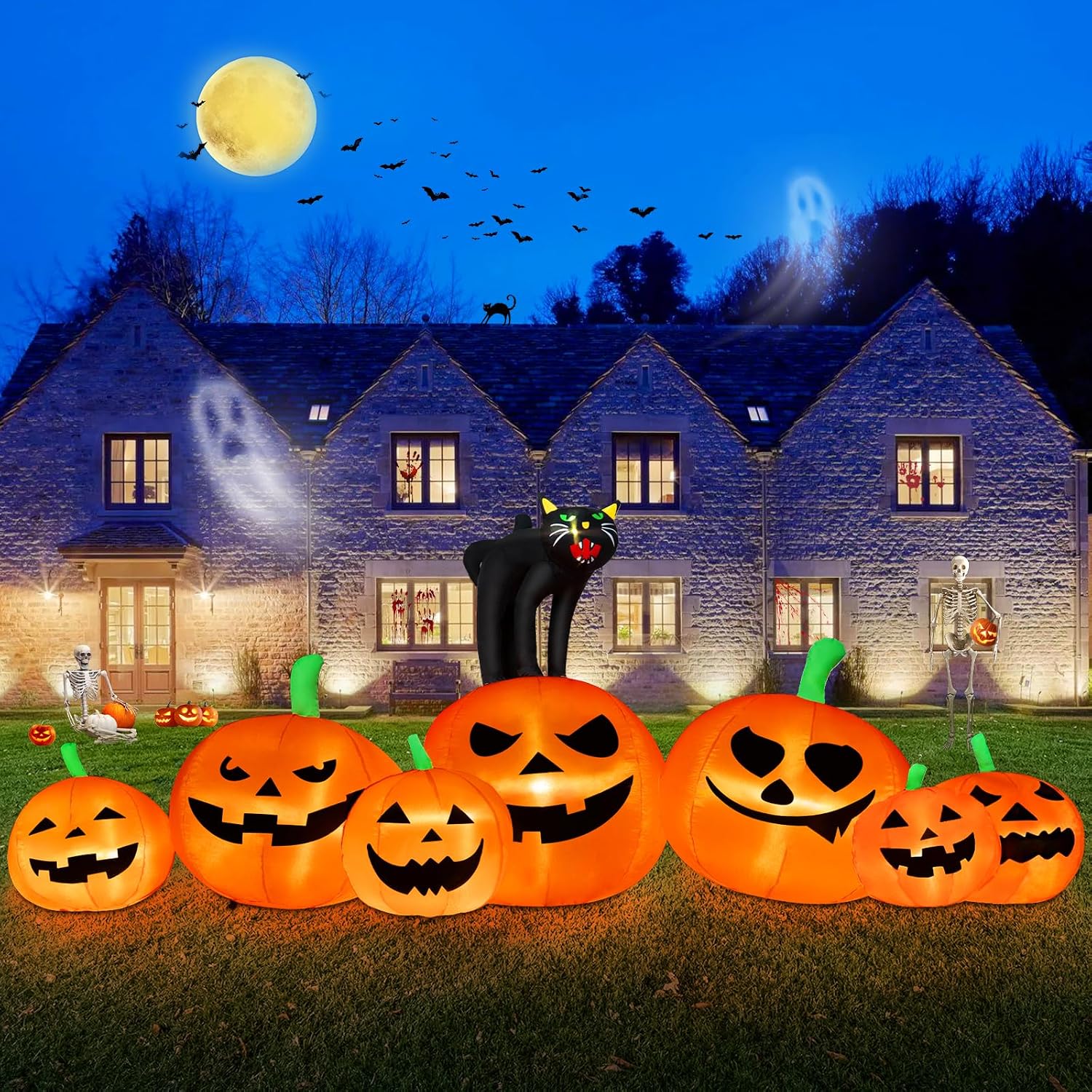 B&D 8FT Long Halloween Inflatables Pumpkin Outdoor Decorations 7 Inflatable Pumpkins and Black Cat Combo Halloween Blow Up Decorations Built in LEDs for Holiday Party Yard Garden Lawn Patio Decor