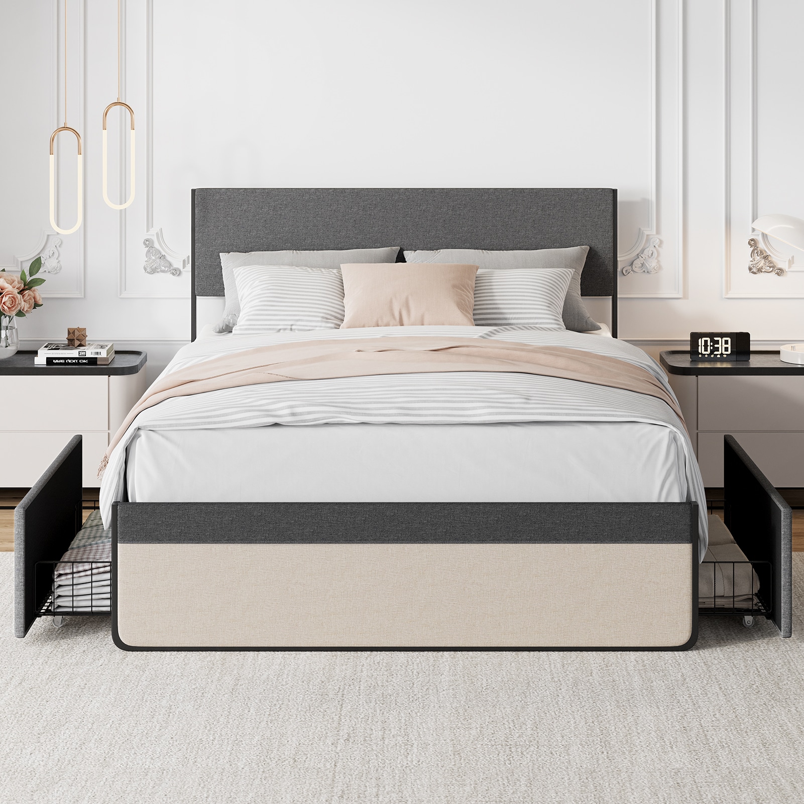 Garvee Gray Queen Upholstered Metal Bed with Storage Drawers