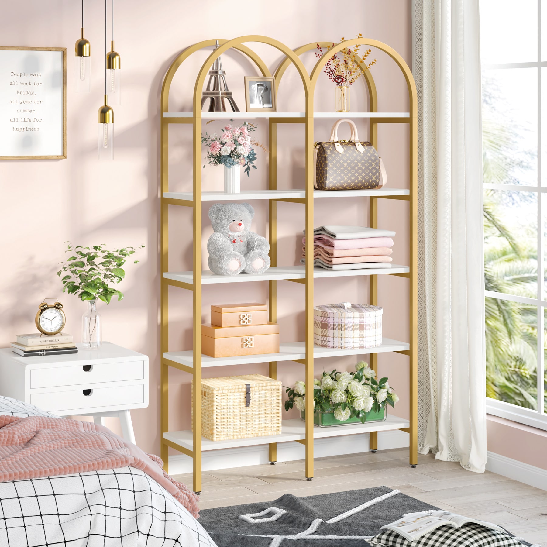  Tribesigns White and Gold Arched Bookshelf 5 Tier Bookcase,  Gold Shelves for Living Room Freestanding Tall Display Shelf, Decorative  Shelf for Bedroom : Home & Kitchen