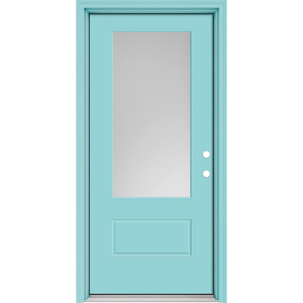Masonite 630329 Performance Door System 36-in x 80-in x 4-9/16-in Fiberglass 3/4 lite Left-hand inswing Caribbean Blue Painted Prehung Front Door with Brickmould Insulating core