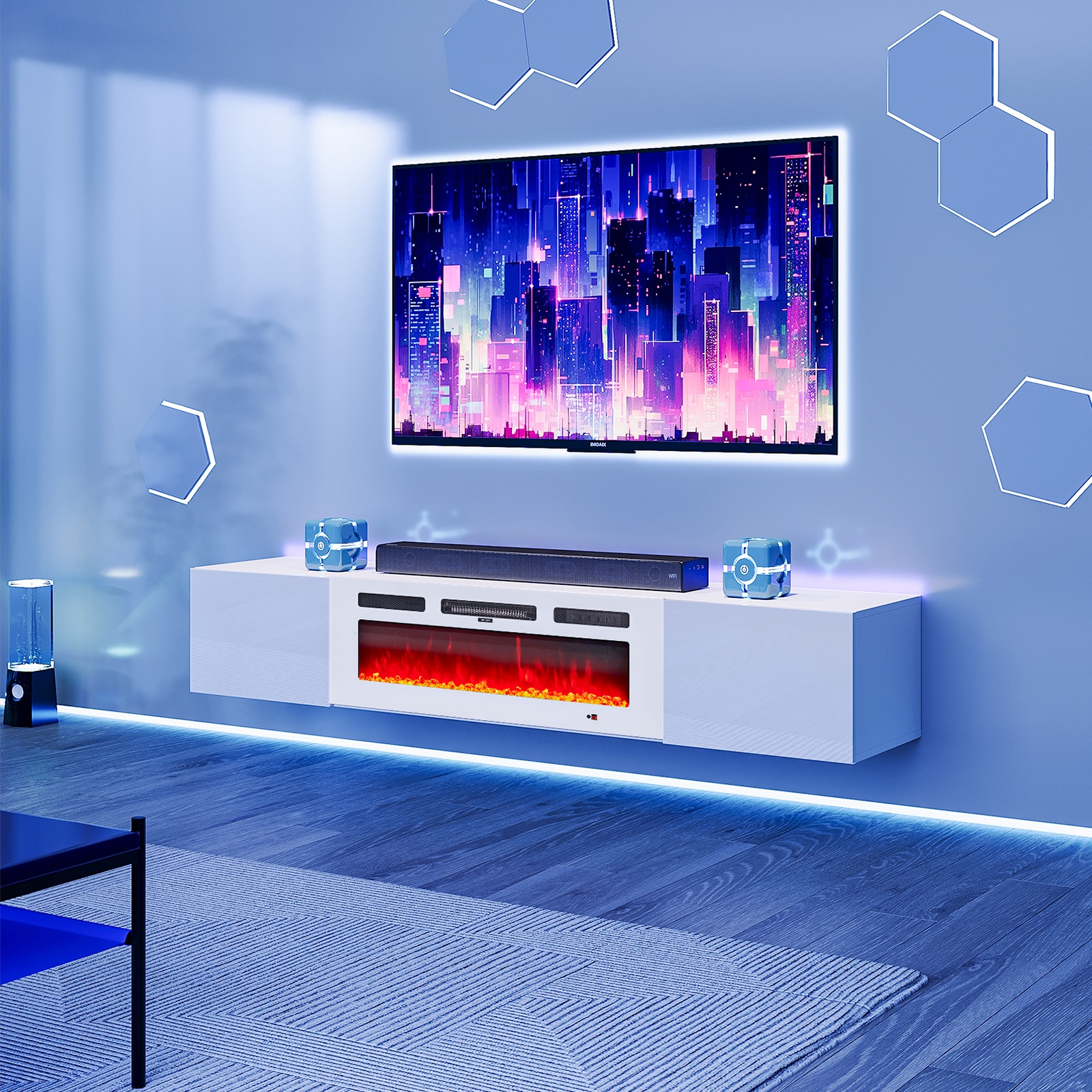 Bapipro TE04A302W 70-in W White TV Stand with Infrared quartz Flat wall Electric Fireplace with Remote Control Included