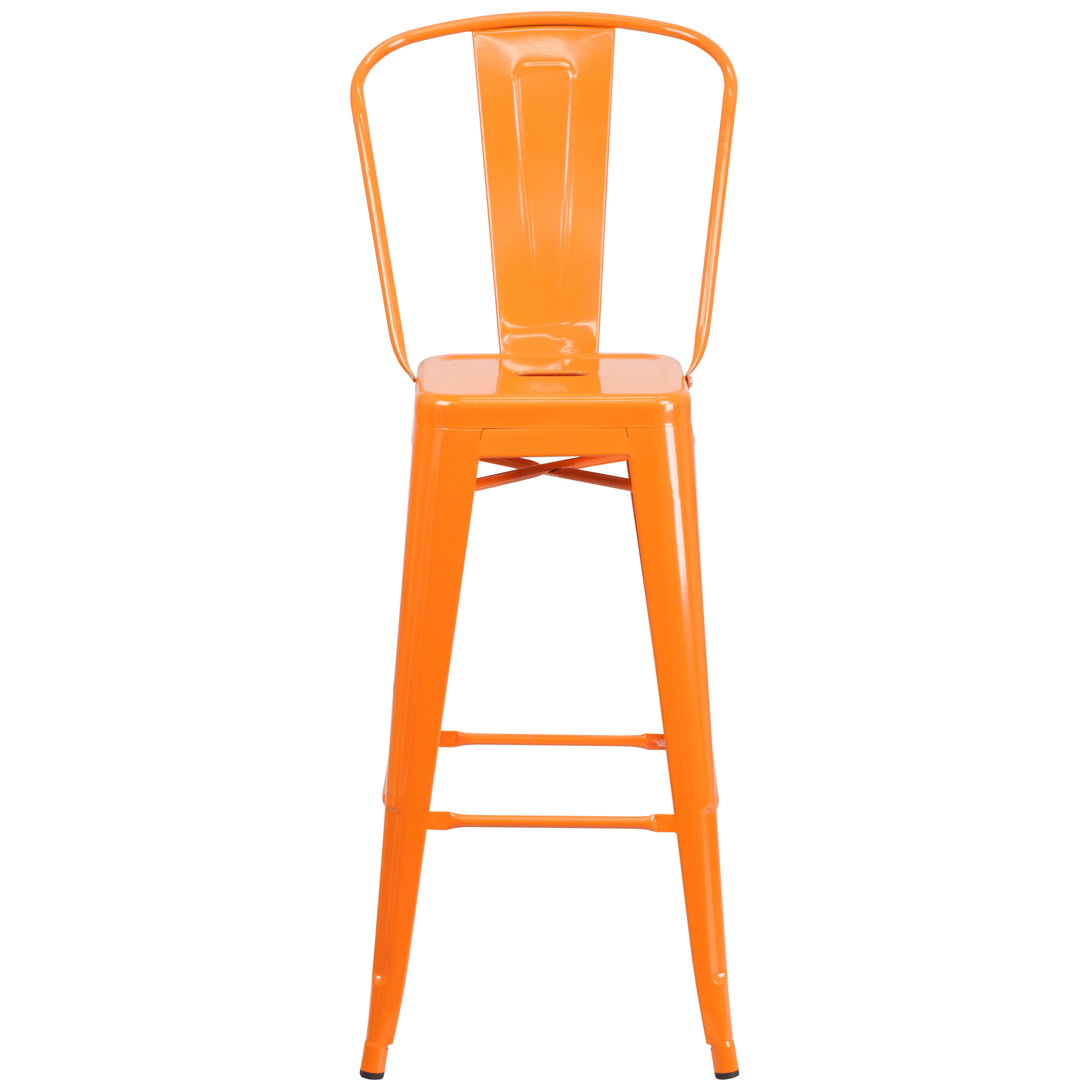 Bright Orange Metal 30" High Indoor-Outdoor Barstool with Slat Back