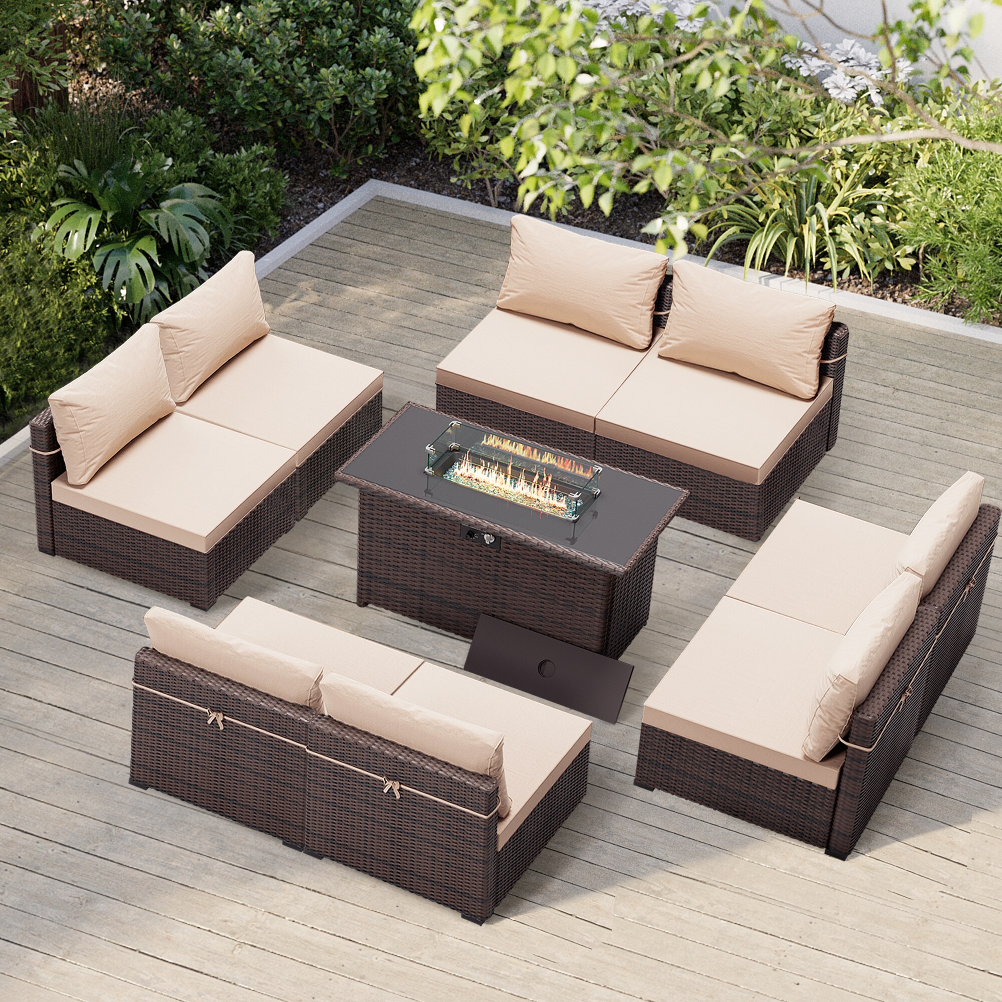 Patio Watcher TBSF-4C43BR-BE 9-Piece Rattan Patio Conversation Set with Off-white Cushions
