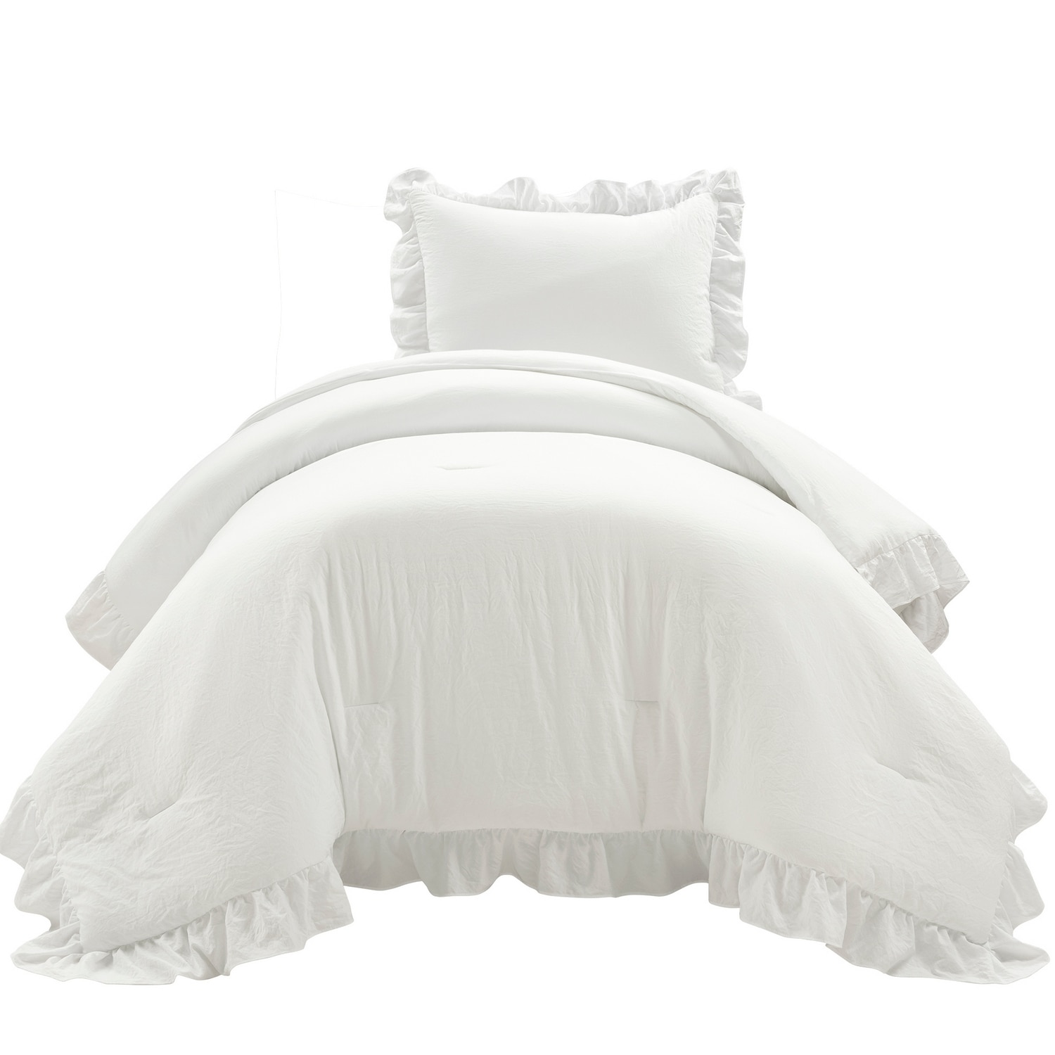 Pure White Twin Microfiber Comforter Set with Ruffled Edges