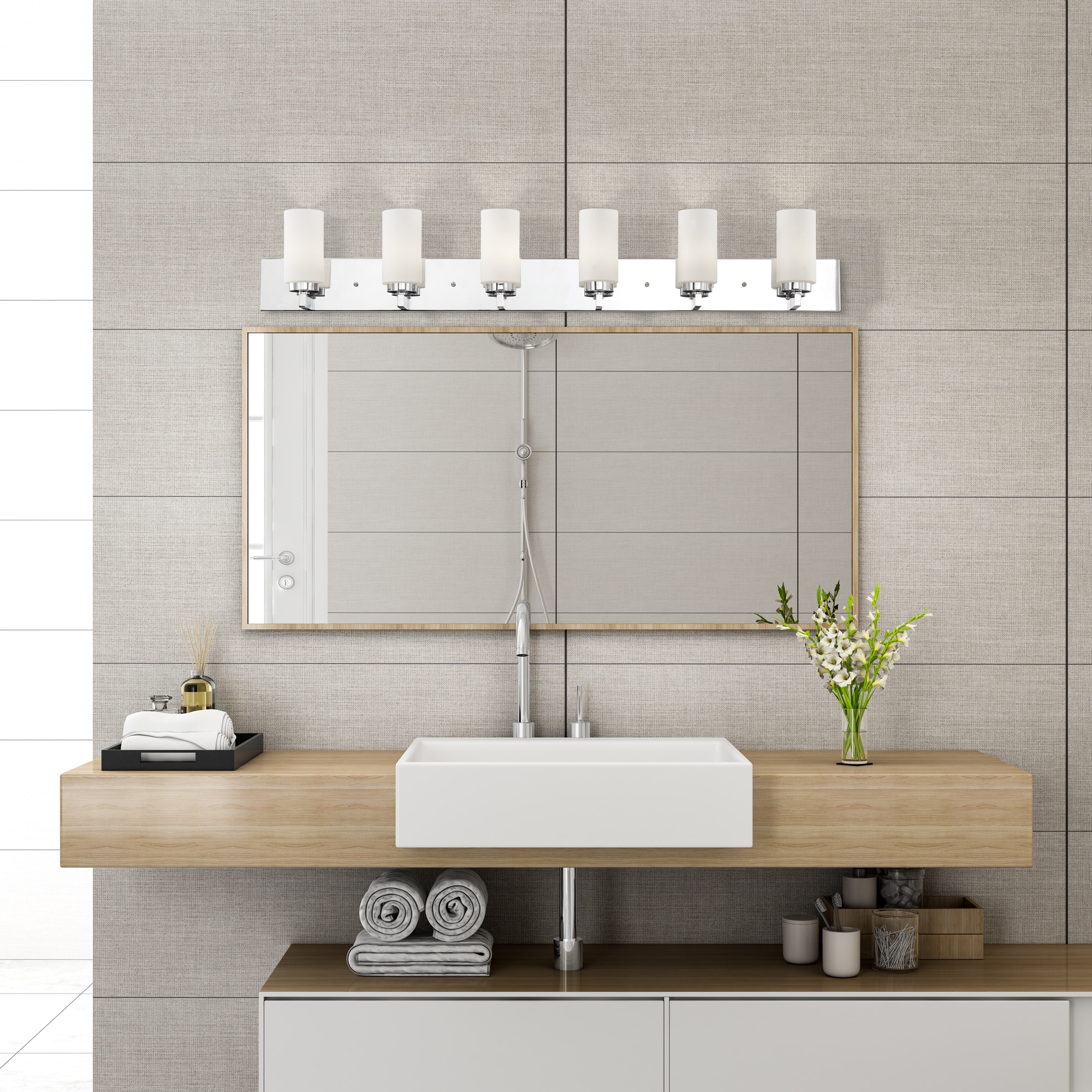 Polished Chrome 6-Light Vanity with Satin Opal Glass