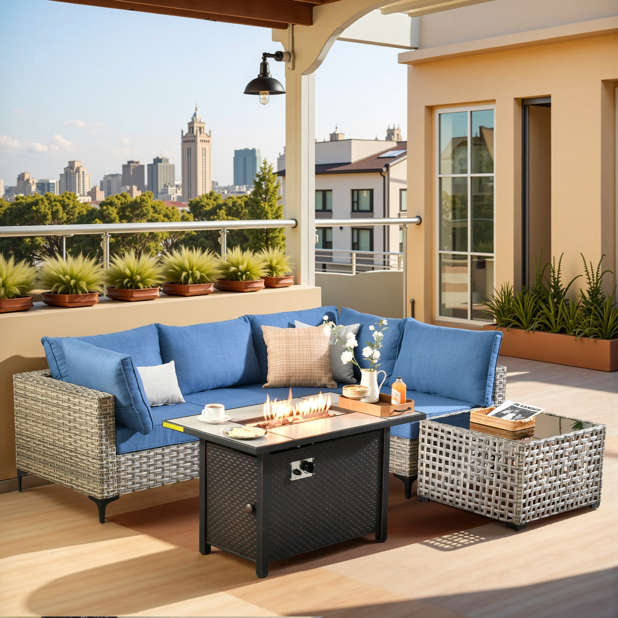 Pouuin CFPSKT505 Wicker Outdoor Sectional with Blue Cushions and Wicker Frame